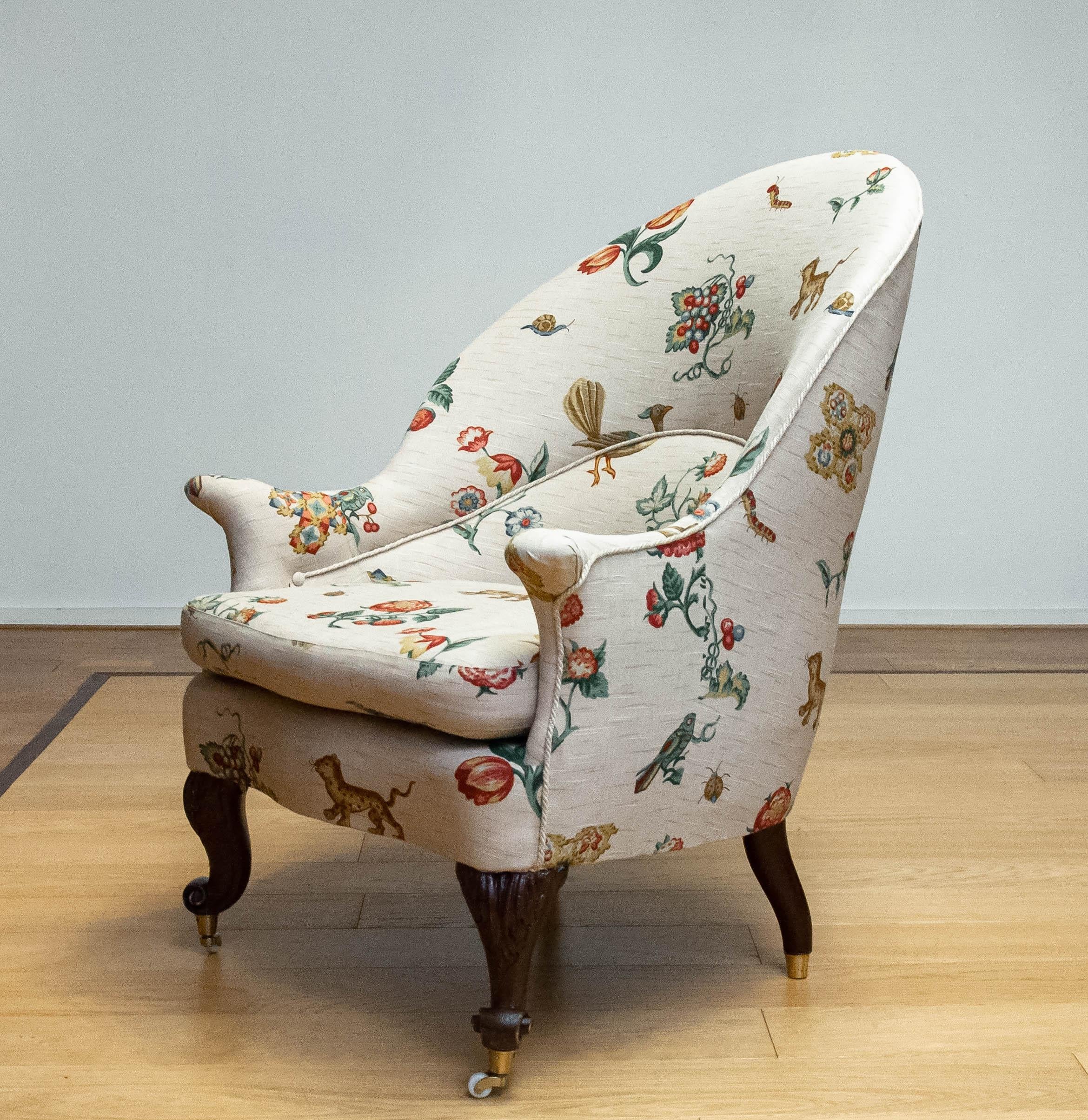 19th Century Swedish Armchair With Linen Flora And Fauna Fantasy Print Fabric For Sale 5