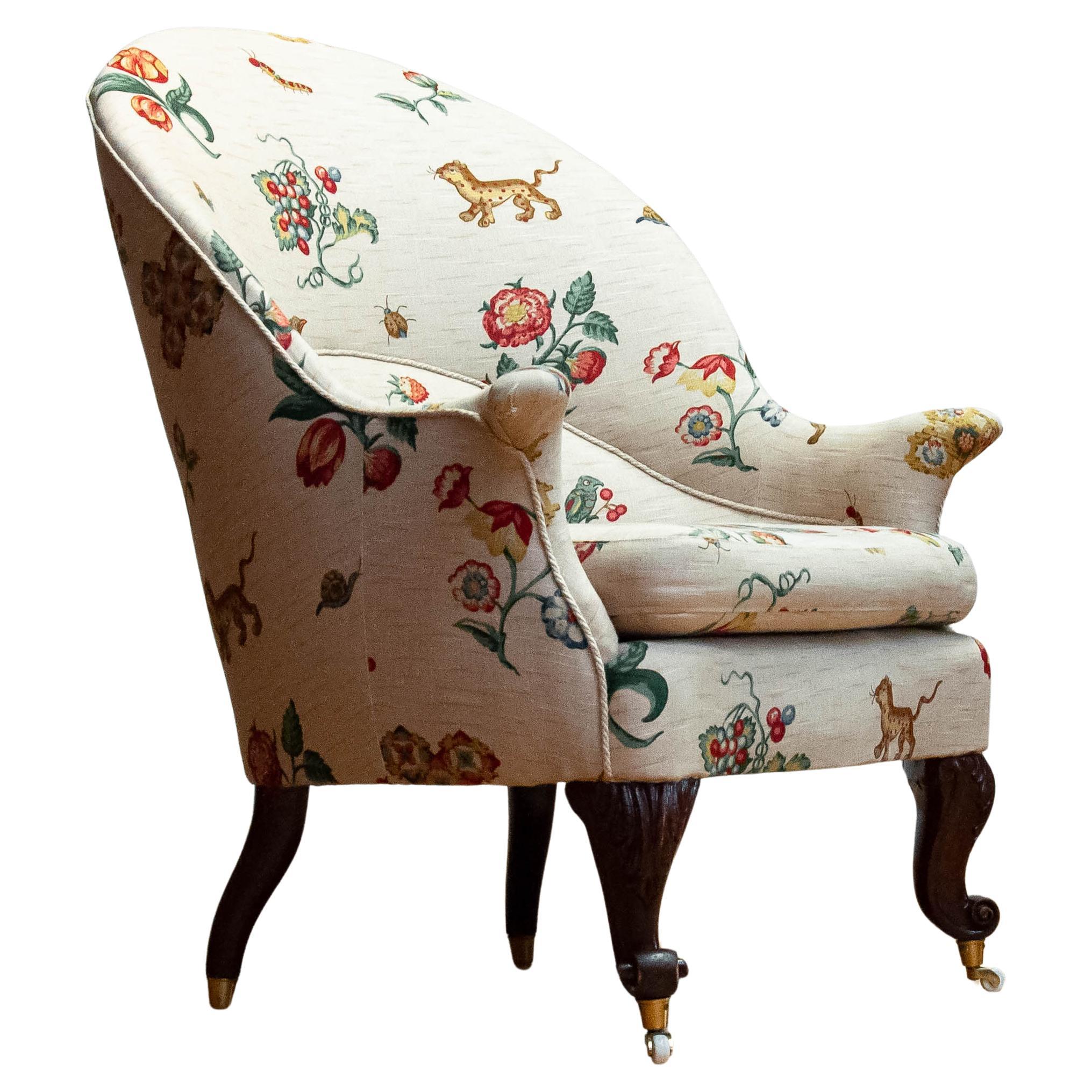 19th Century Swedish Armchair With Linen Flora And Fauna Fantasy Print Fabric For Sale