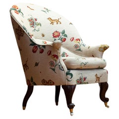 Antique 19th Century Swedish Armchair With Linen Flora And Fauna Fantasy Print Fabric