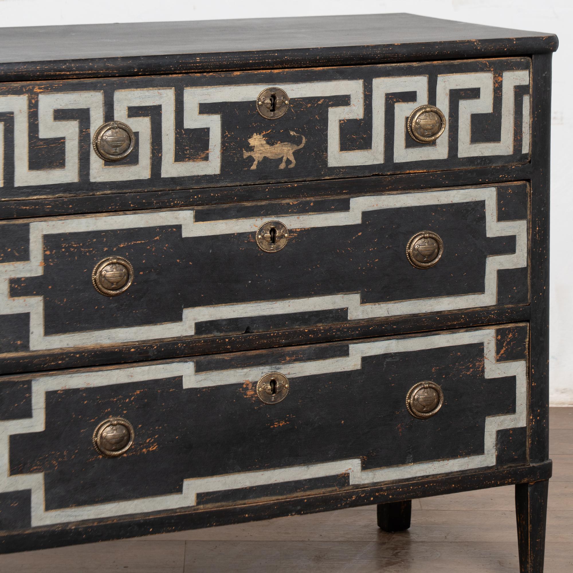 19th Century Swedish Black Chest of Three Drawers with Greek Key For Sale 5