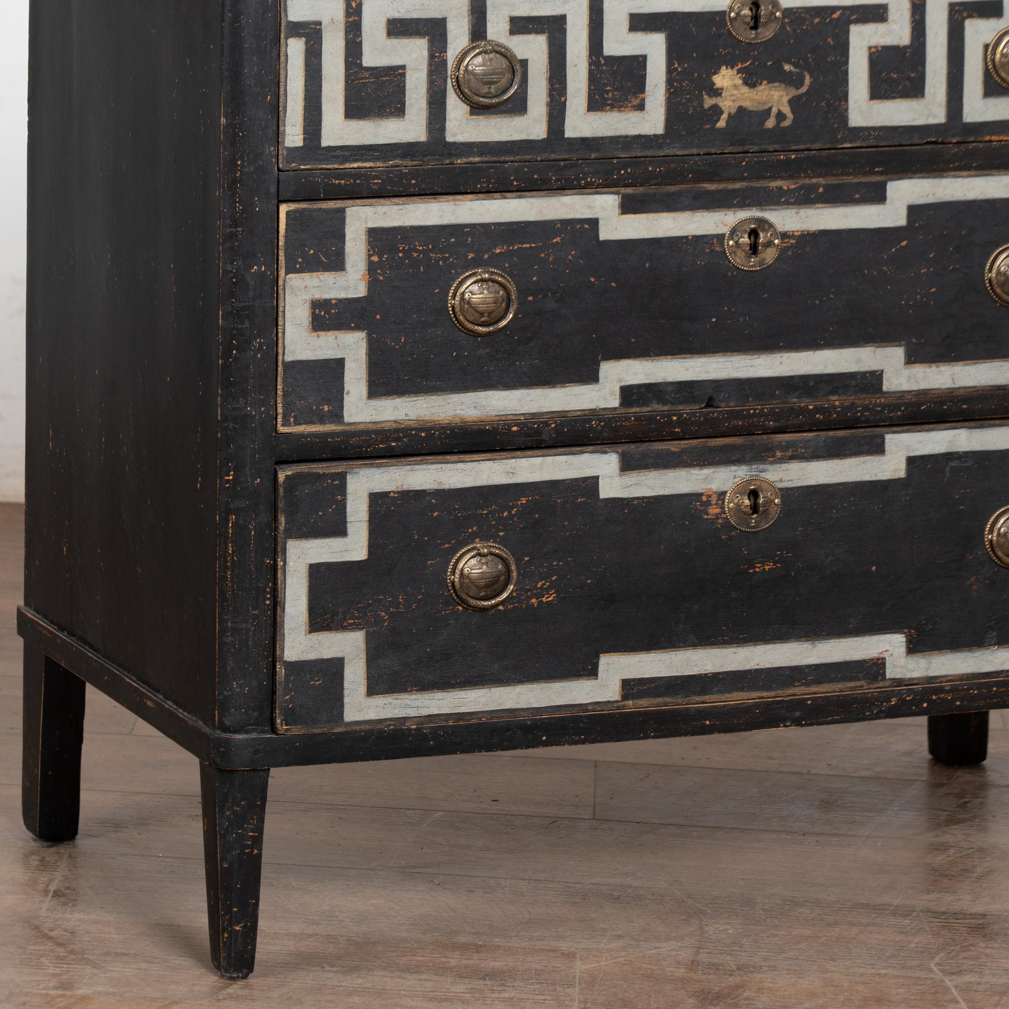 19th Century Swedish Black Chest of Three Drawers with Greek Key For Sale 6