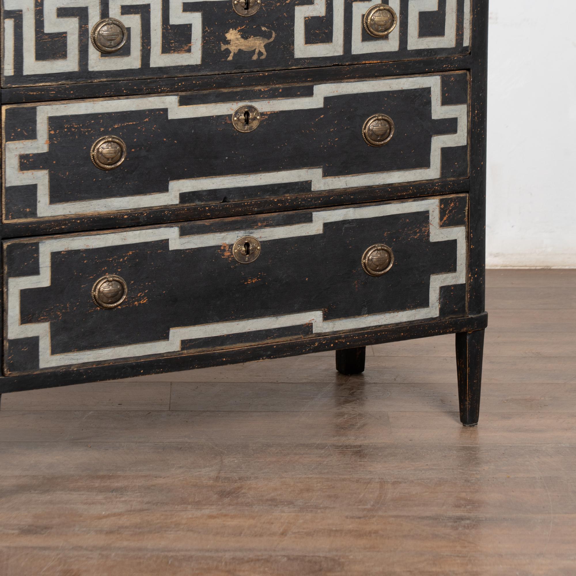 19th Century Swedish Black Chest of Three Drawers with Greek Key For Sale 7