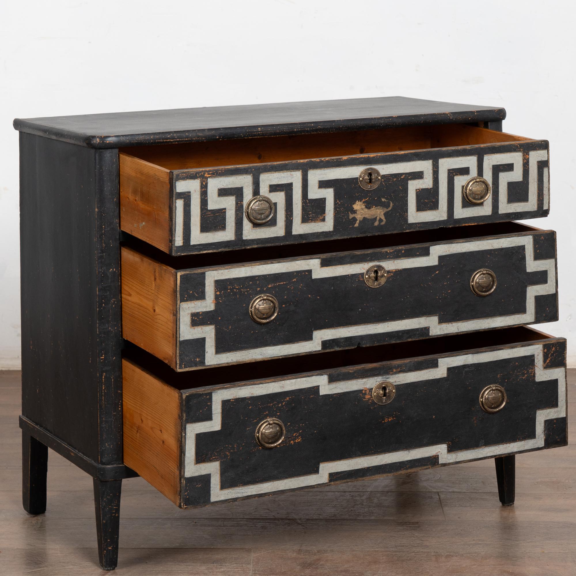 Gustavian 19th Century Swedish Black Chest of Three Drawers with Greek Key For Sale