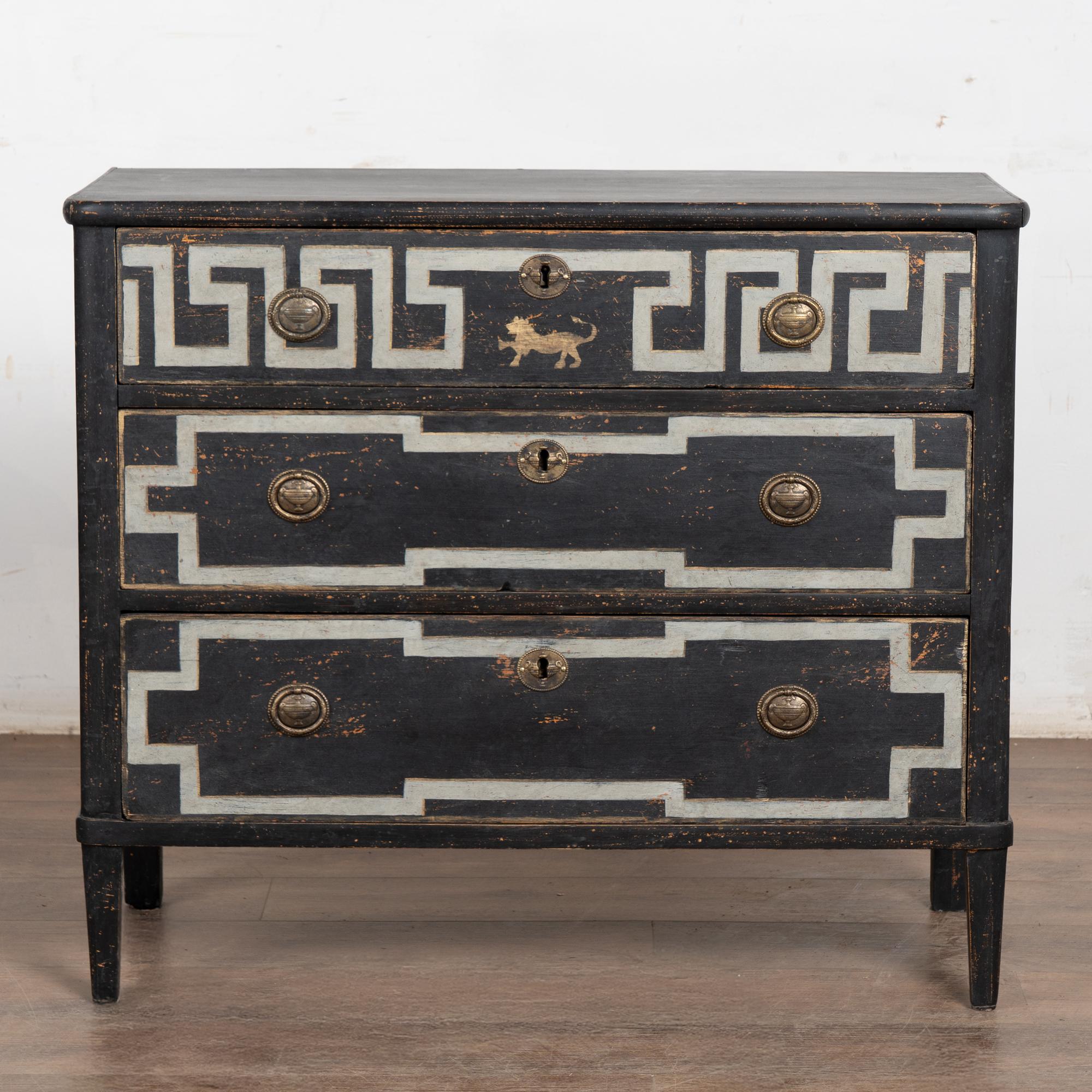 19th Century Swedish Black Chest of Three Drawers with Greek Key In Fair Condition For Sale In Round Top, TX