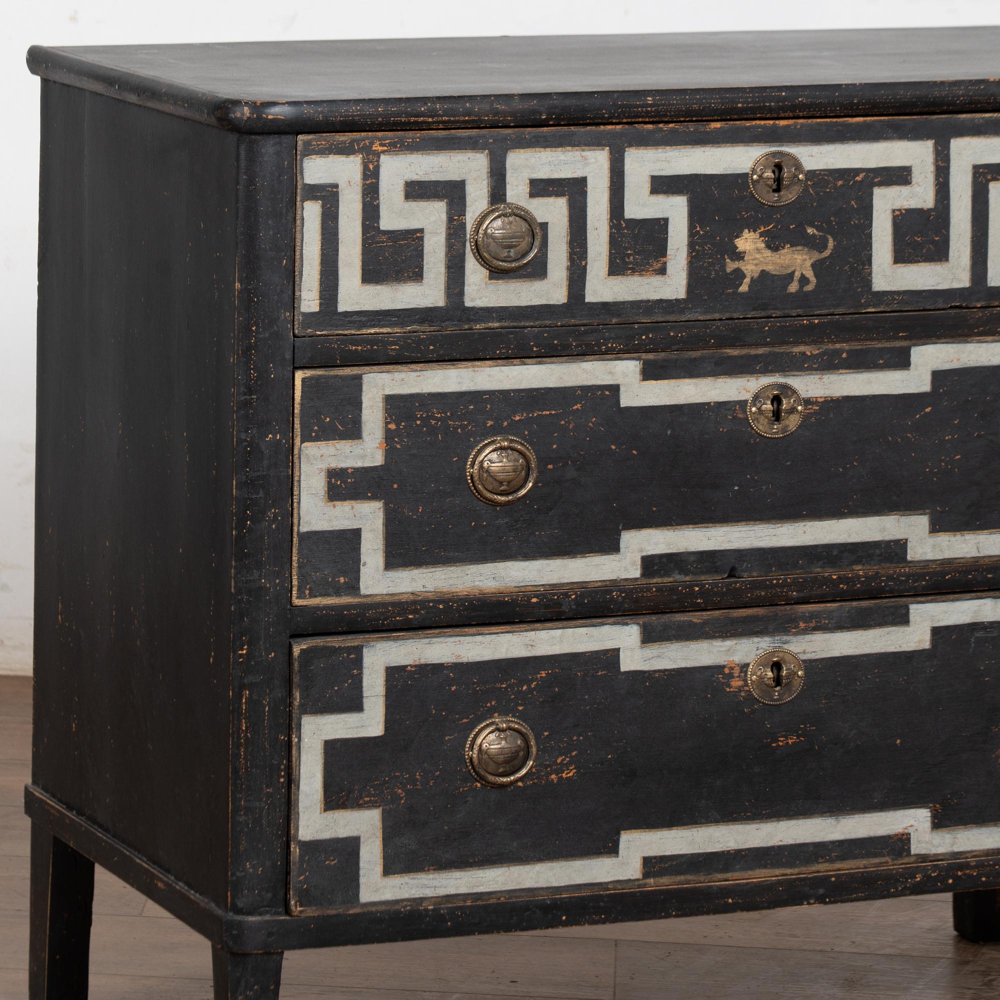 19th Century Swedish Black Chest of Three Drawers with Greek Key For Sale 2