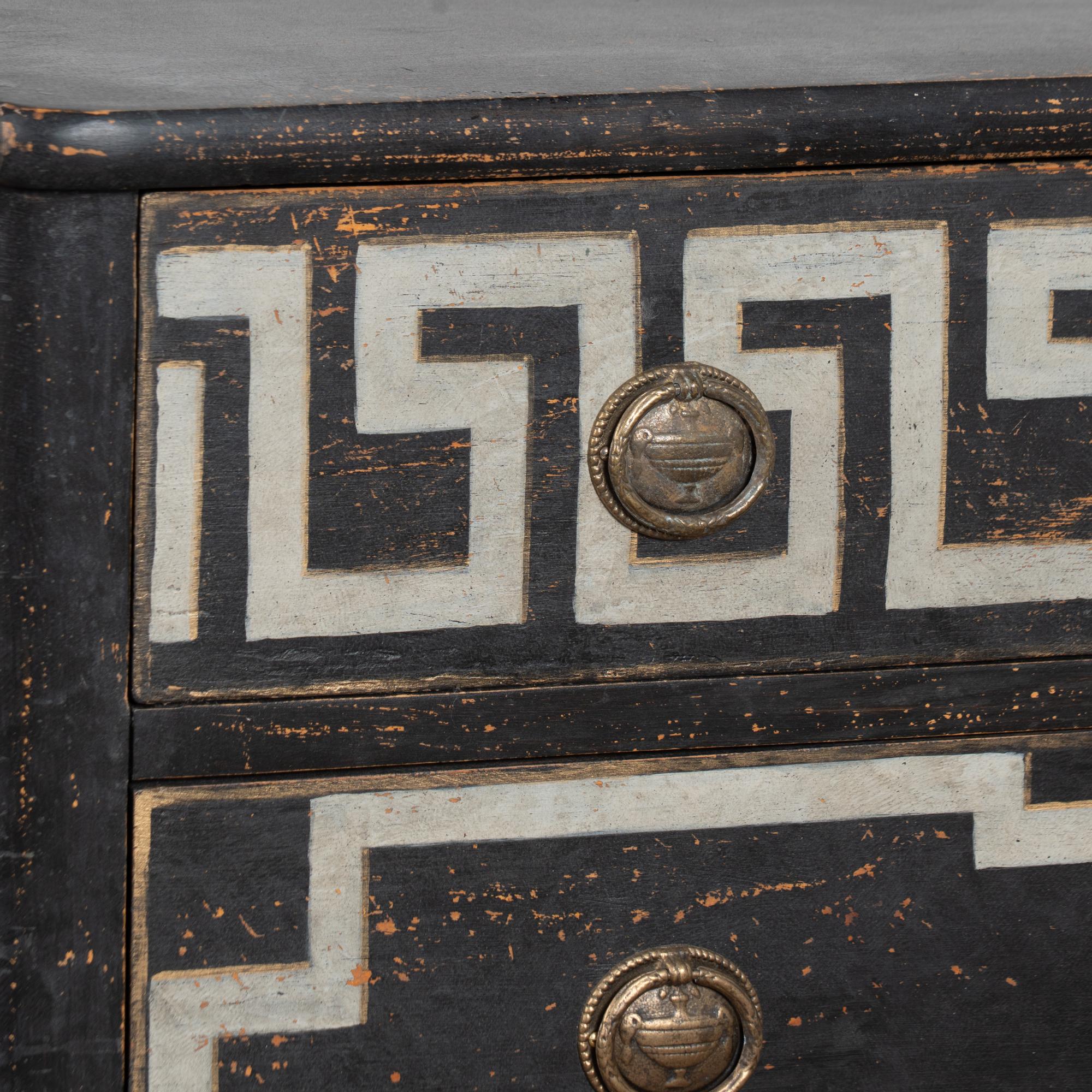 19th Century Swedish Black Chest of Three Drawers with Greek Key For Sale 3
