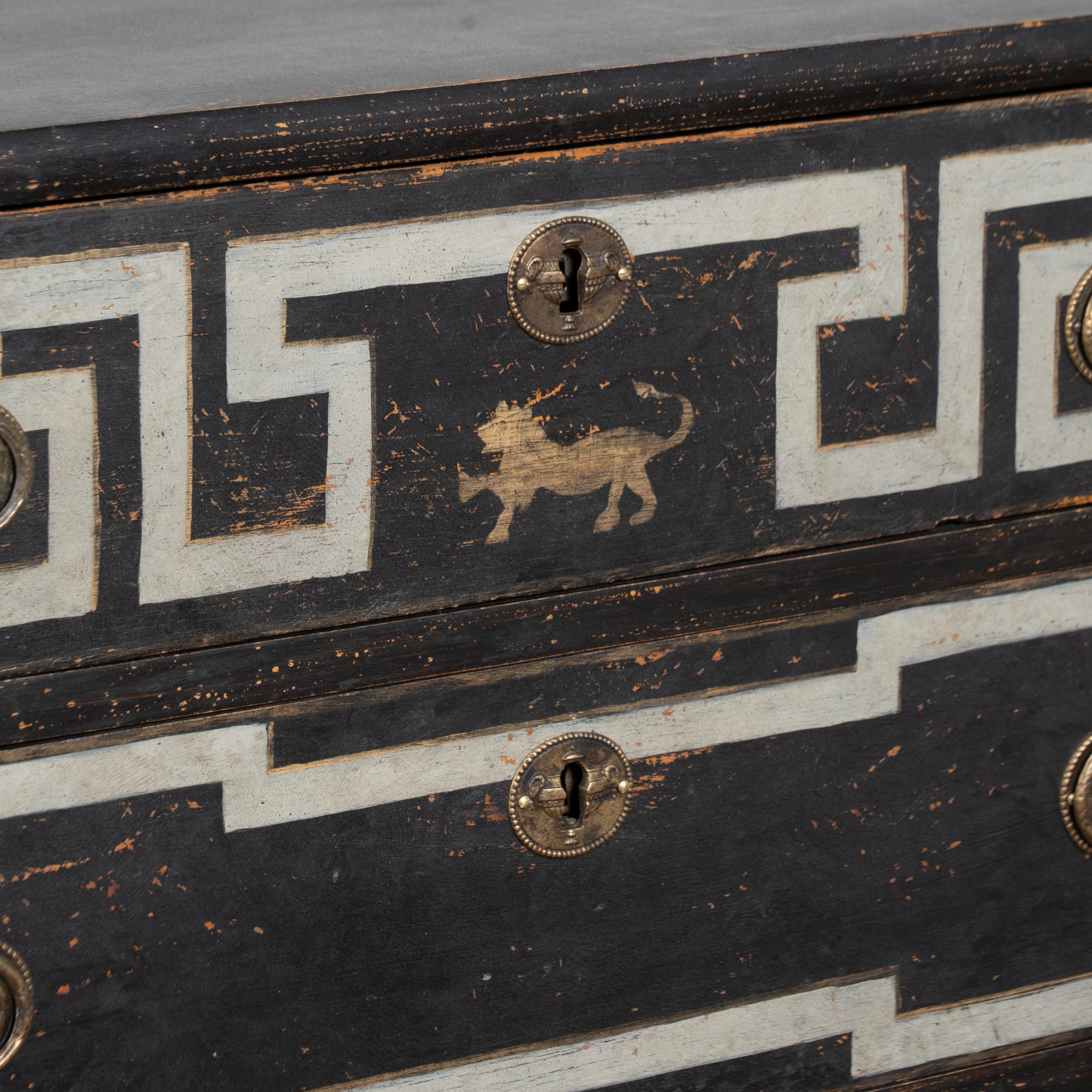 19th Century Swedish Black Chest of Three Drawers with Greek Key For Sale 4