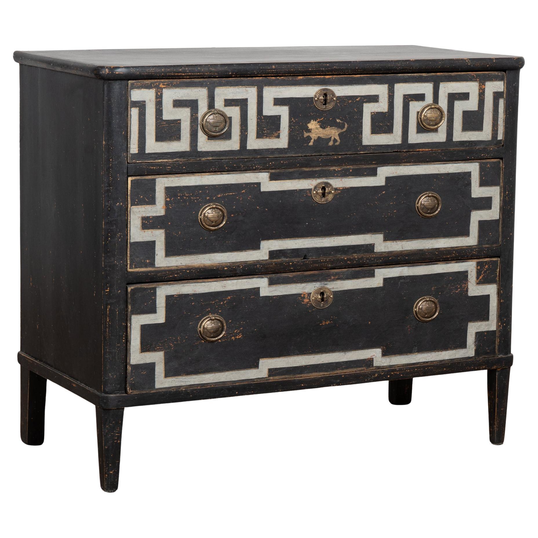 19th Century Swedish Black Chest of Three Drawers with Greek Key For Sale