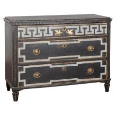 19th Century Swedish Black Painted Chest of Three Drawers with Greek Key Motif