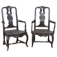 19th Century Swedish Black Painted Pine Armchairs