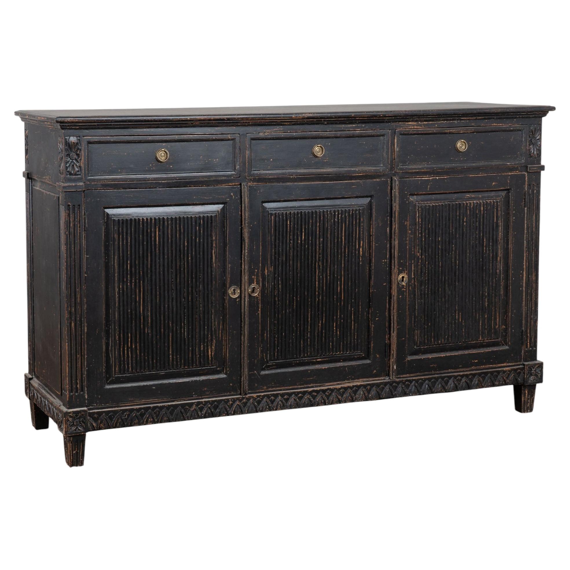 19th Century Swedish Black Painted Pine Sideboard Buffet w/Fluted Carved Panels