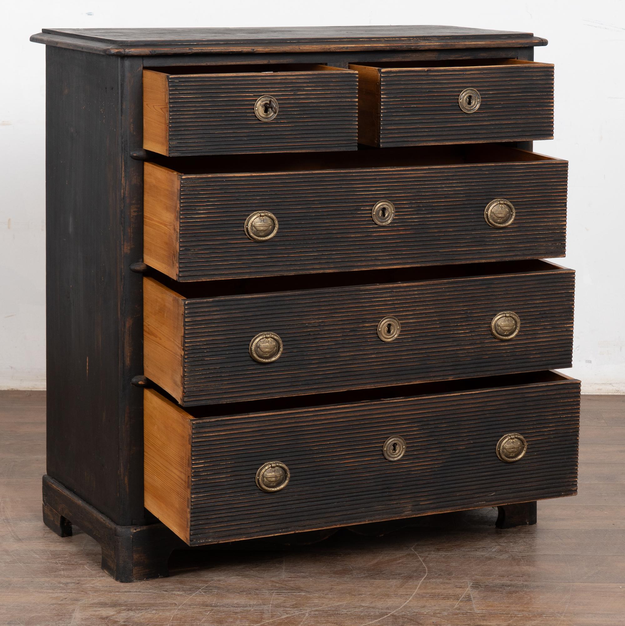 Country 19th Century Swedish Black Pine Chest of Five Drawers For Sale