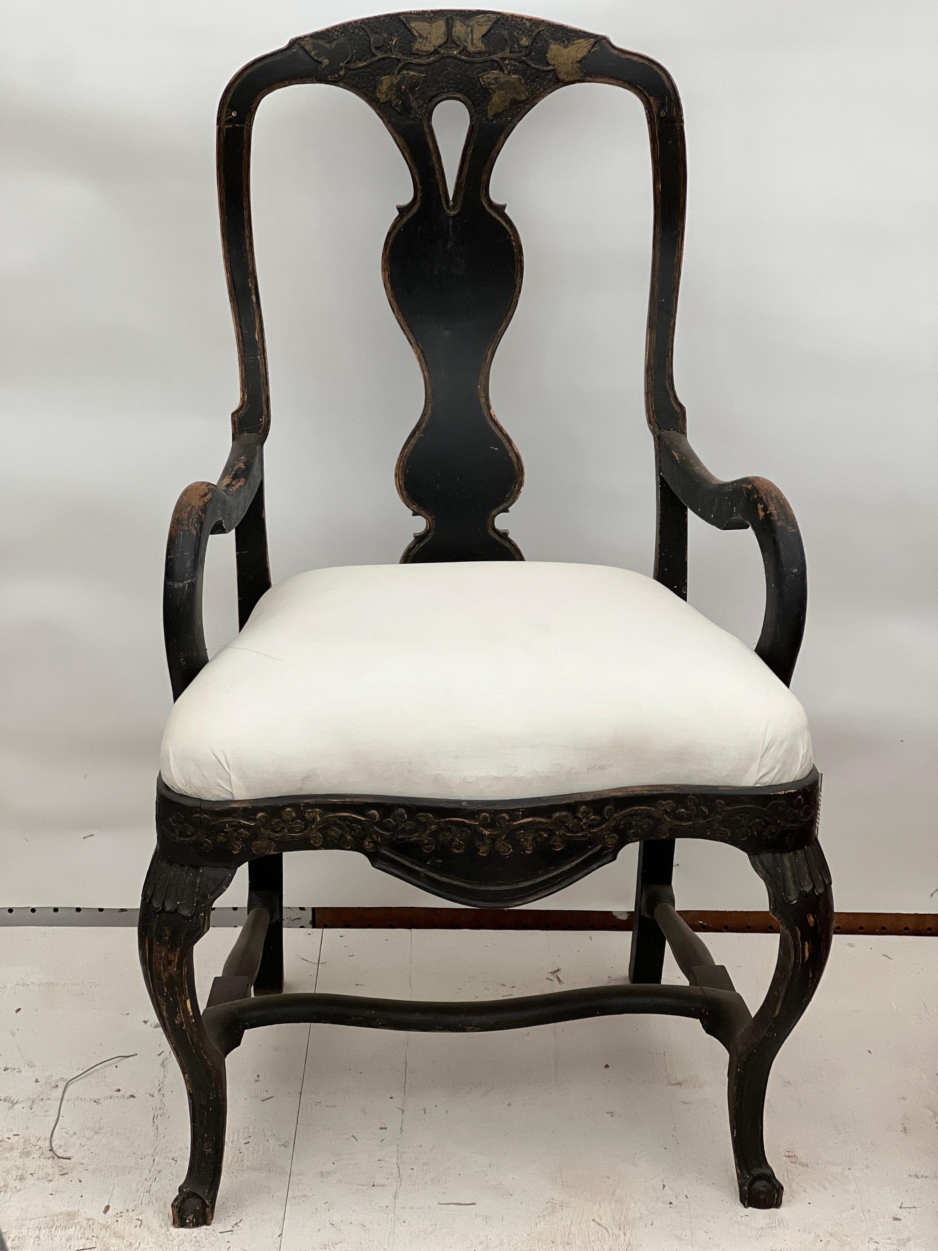 19th Century Swedish Black Rococo Armchair In Good Condition For Sale In San Angelo, TX