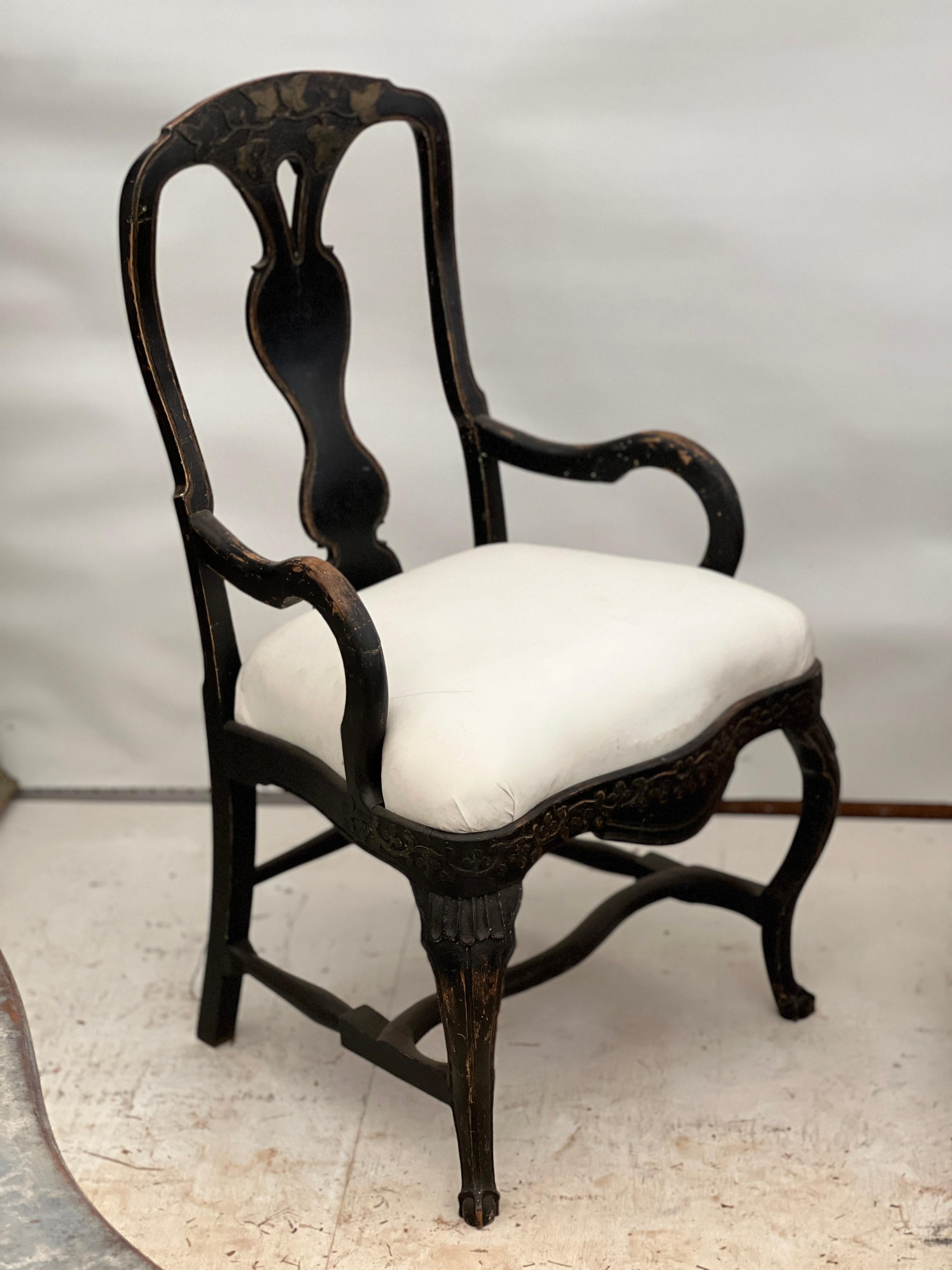 Pine 19th Century Swedish Black Rococo Armchair For Sale