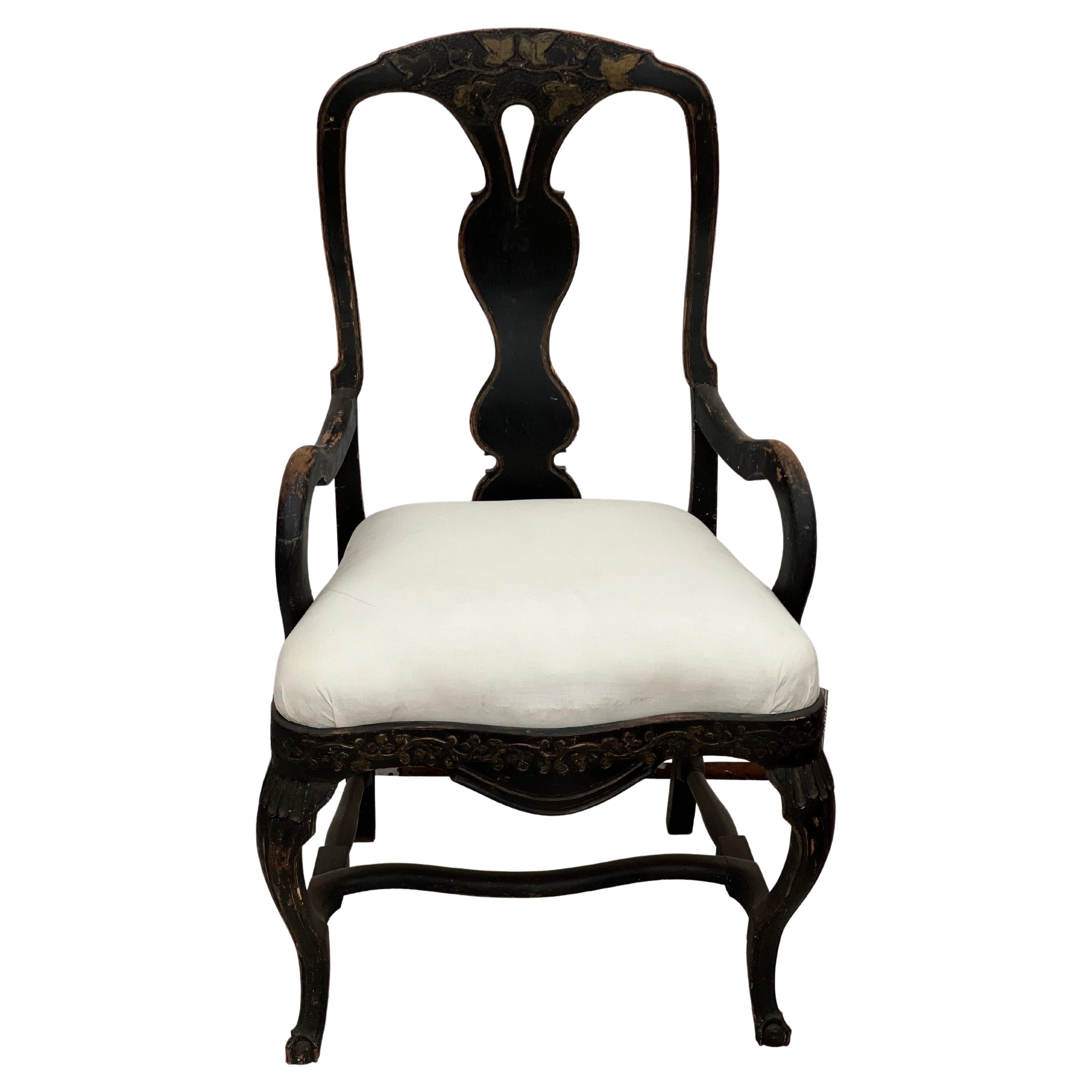 19th Century Swedish Black Rococo Armchair