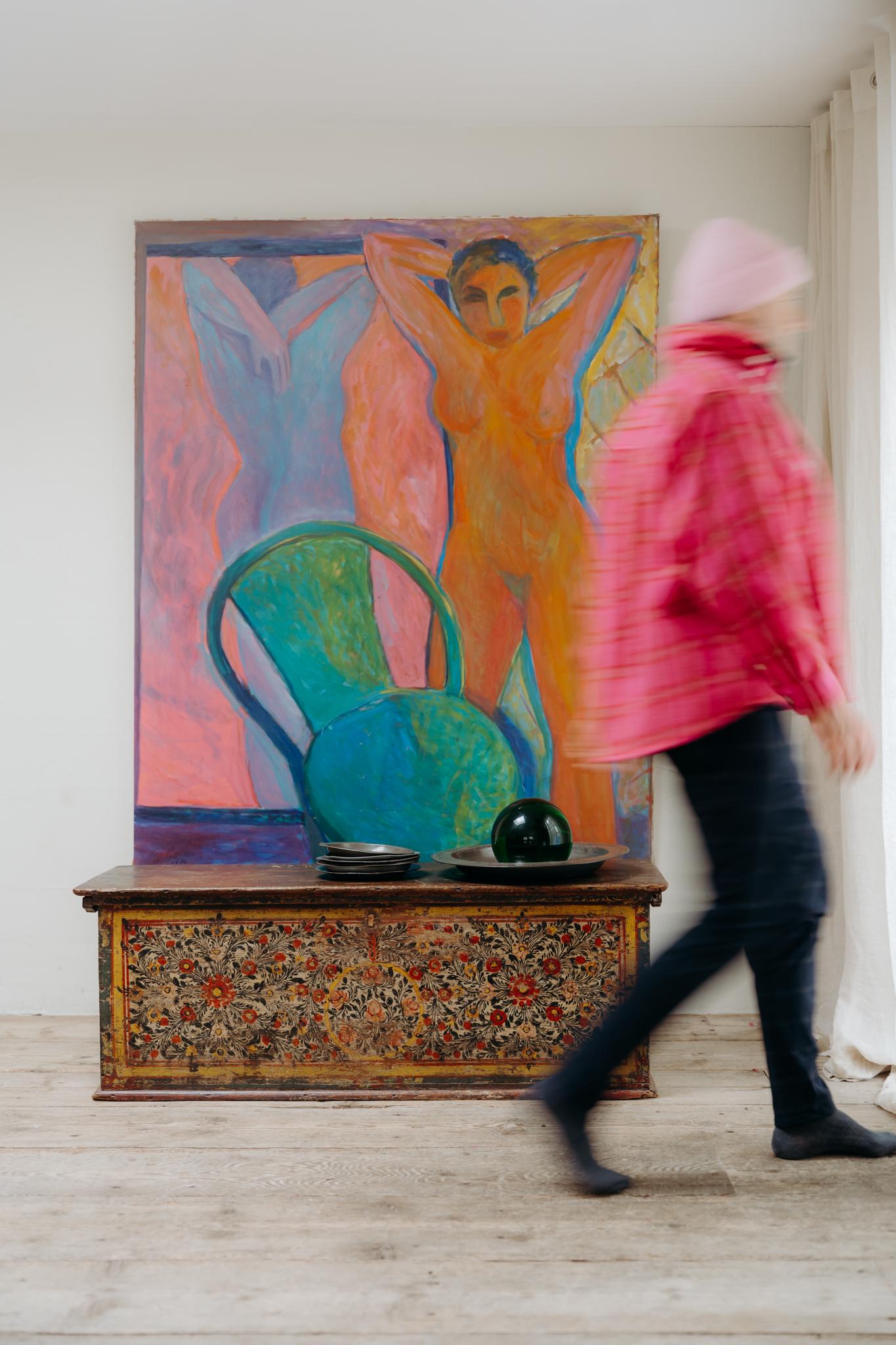 arcón sueco para mantas del siglo XIX, pintura original ... 