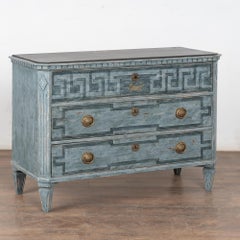 19th Century Swedish Blue Chest of Three Drawers with Greek Key Design