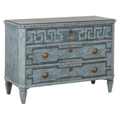 19th Century Swedish Blue Chest of Three Drawers with Greek Key Design