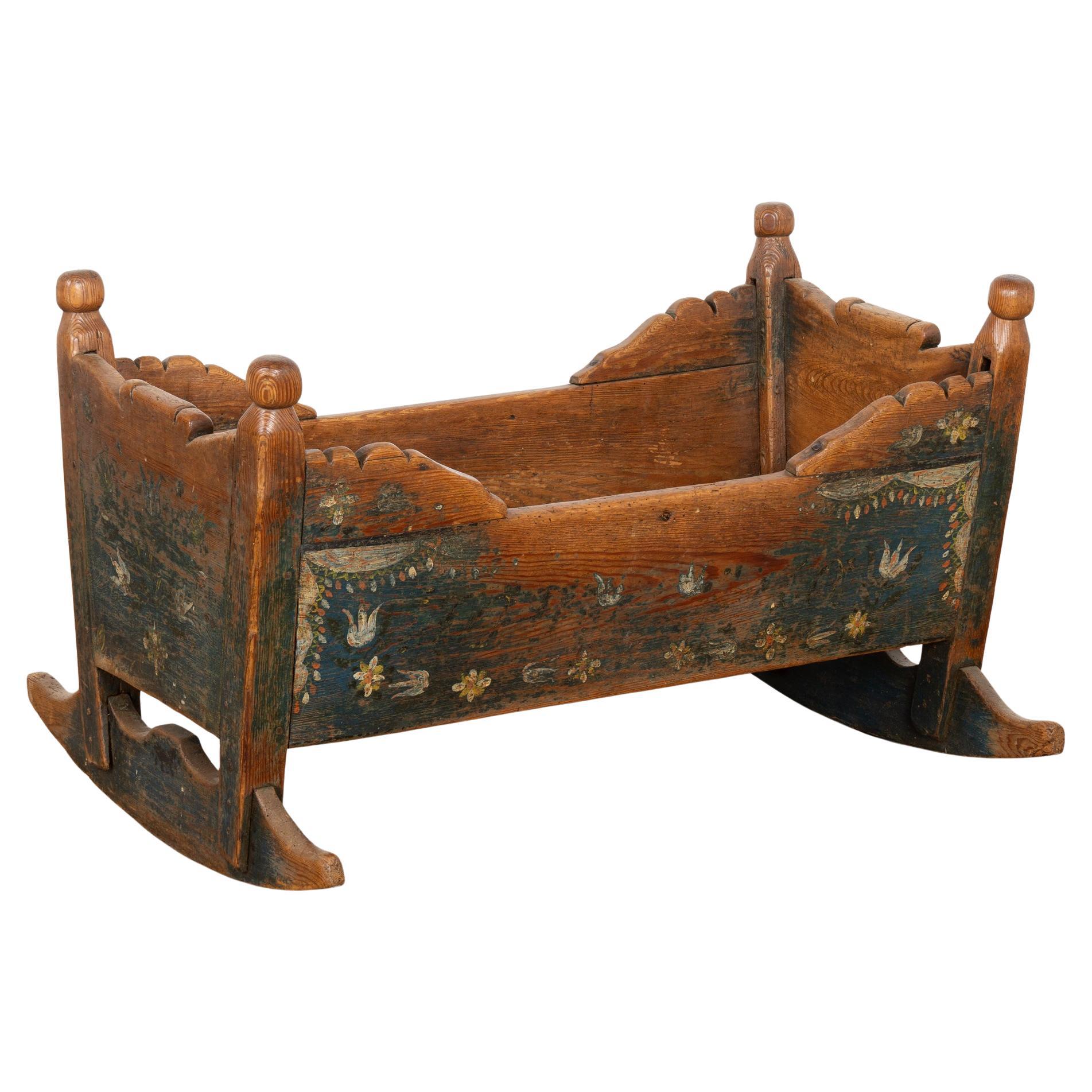 19th Century Swedish Blue Painted Pine Baby Cradle