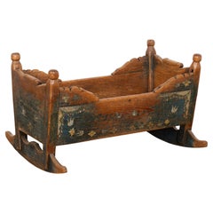 19th Century Swedish Blue Painted Pine Baby Cradle