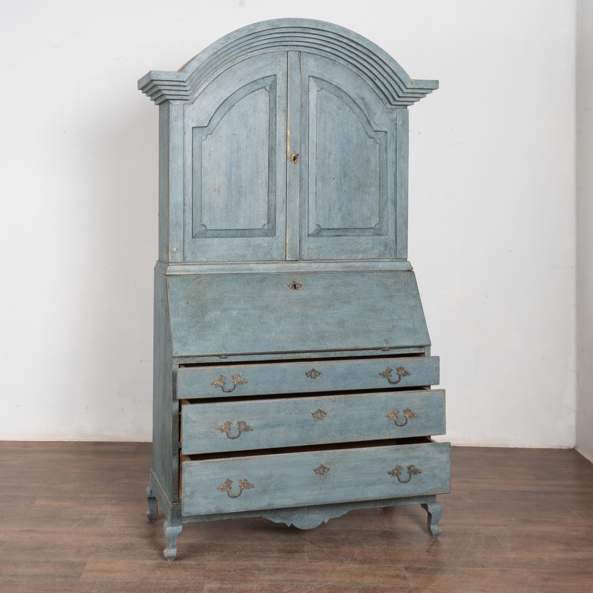 Rococo 19th Century Swedish Blue Painted Tall Oak Secretary For Sale