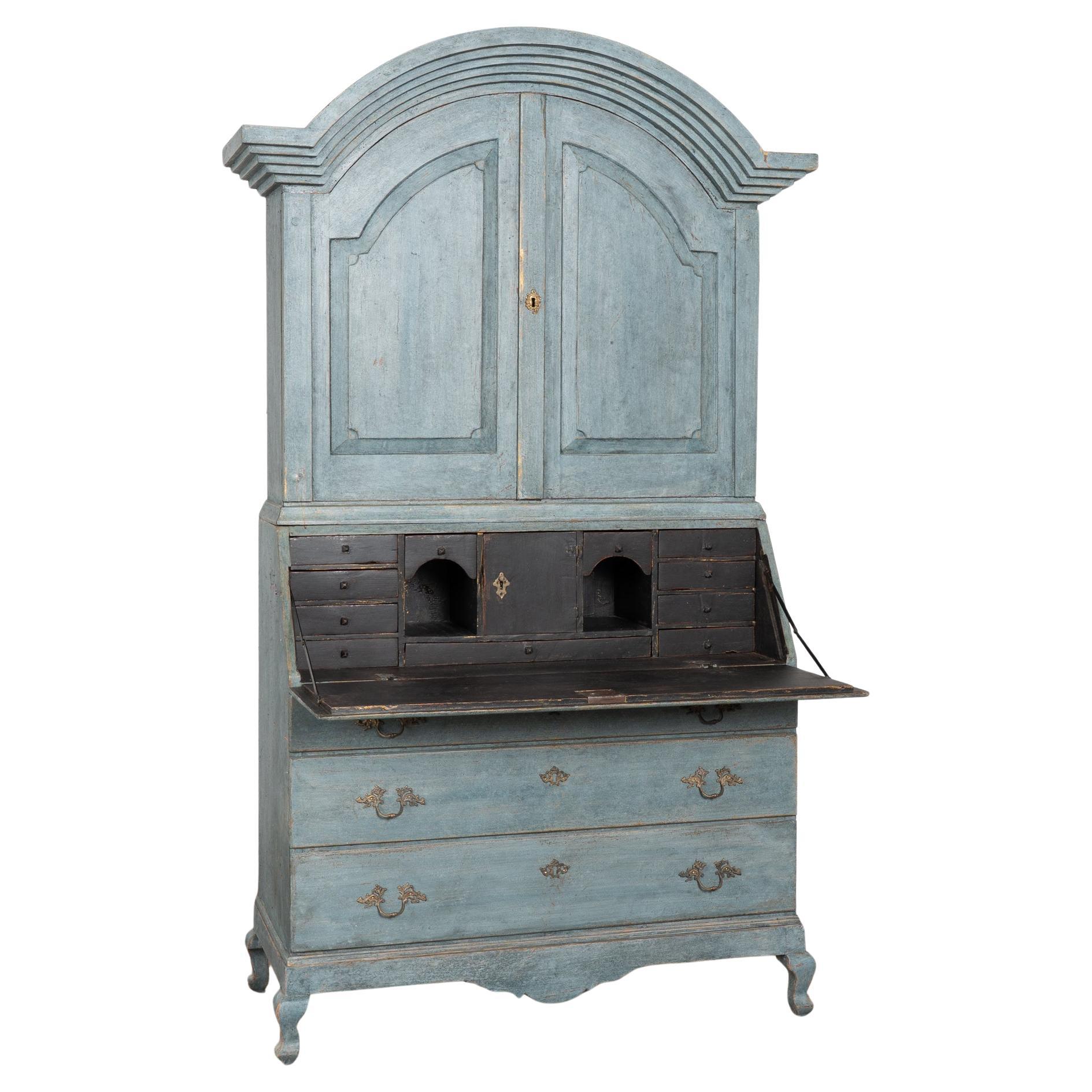 19th Century Swedish Blue Painted Tall Oak Secretary For Sale