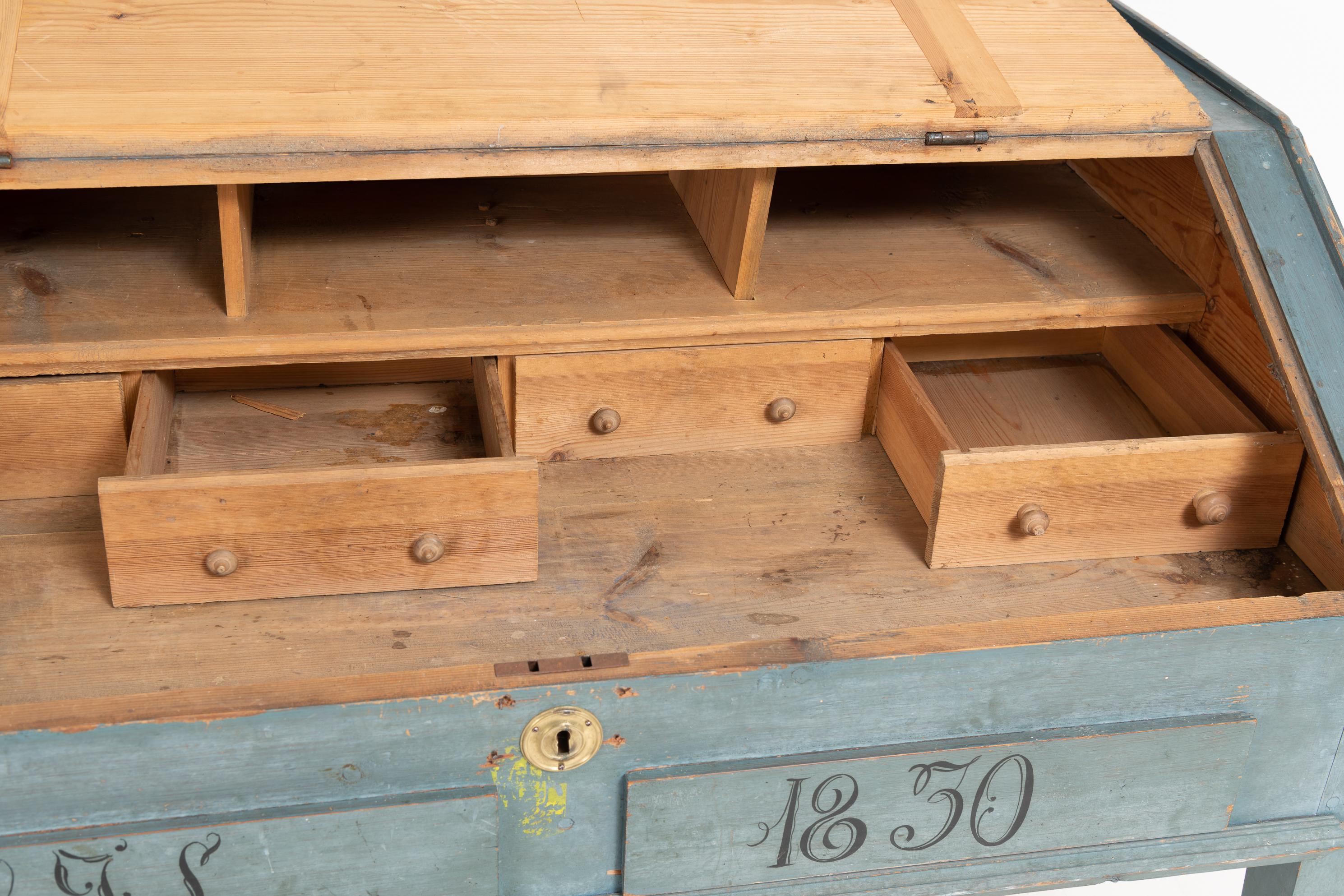 Antique Genuine Swedish Rustic Original Blue Writing Desk Table with Drawers For Sale 2