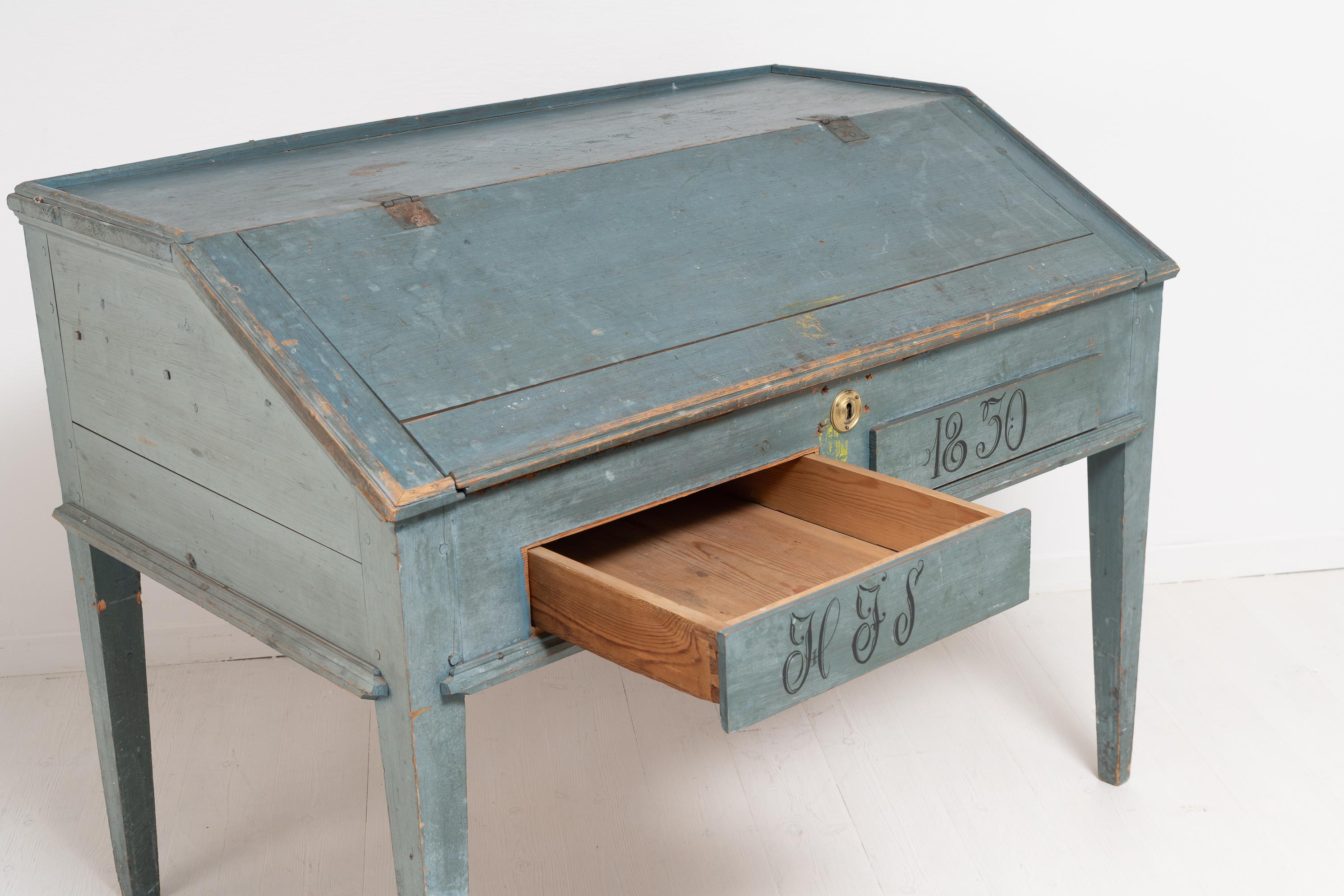 Antique Genuine Swedish Rustic Original Blue Writing Desk Table with Drawers For Sale 5