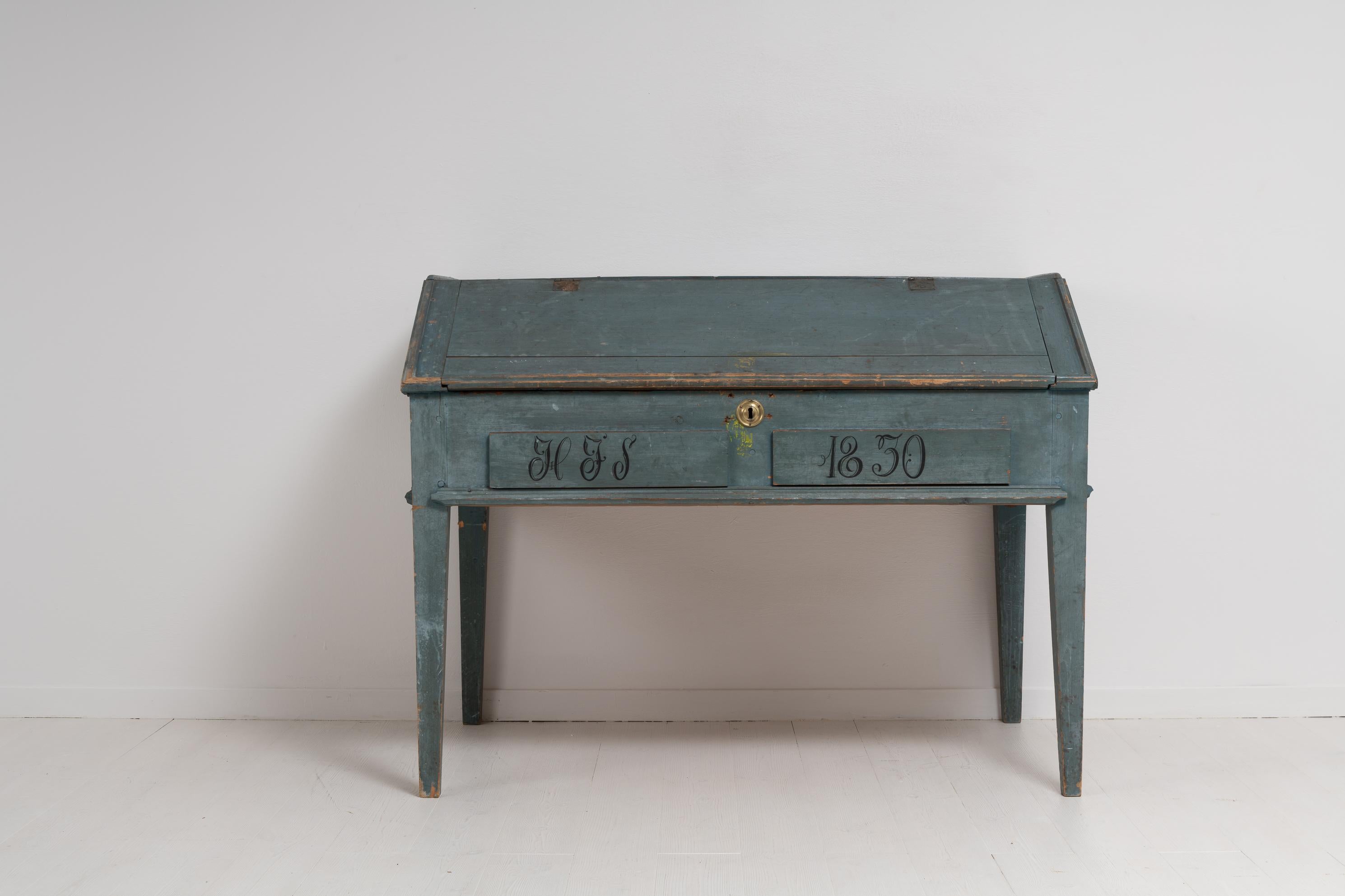 Country Antique Genuine Swedish Rustic Original Blue Writing Desk Table with Drawers For Sale