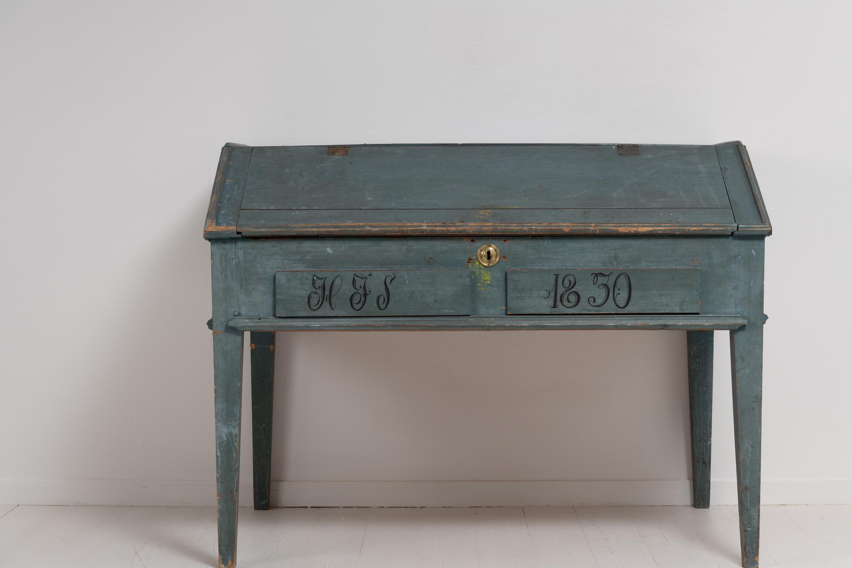 Hand-Crafted Antique Genuine Swedish Rustic Original Blue Writing Desk Table with Drawers For Sale