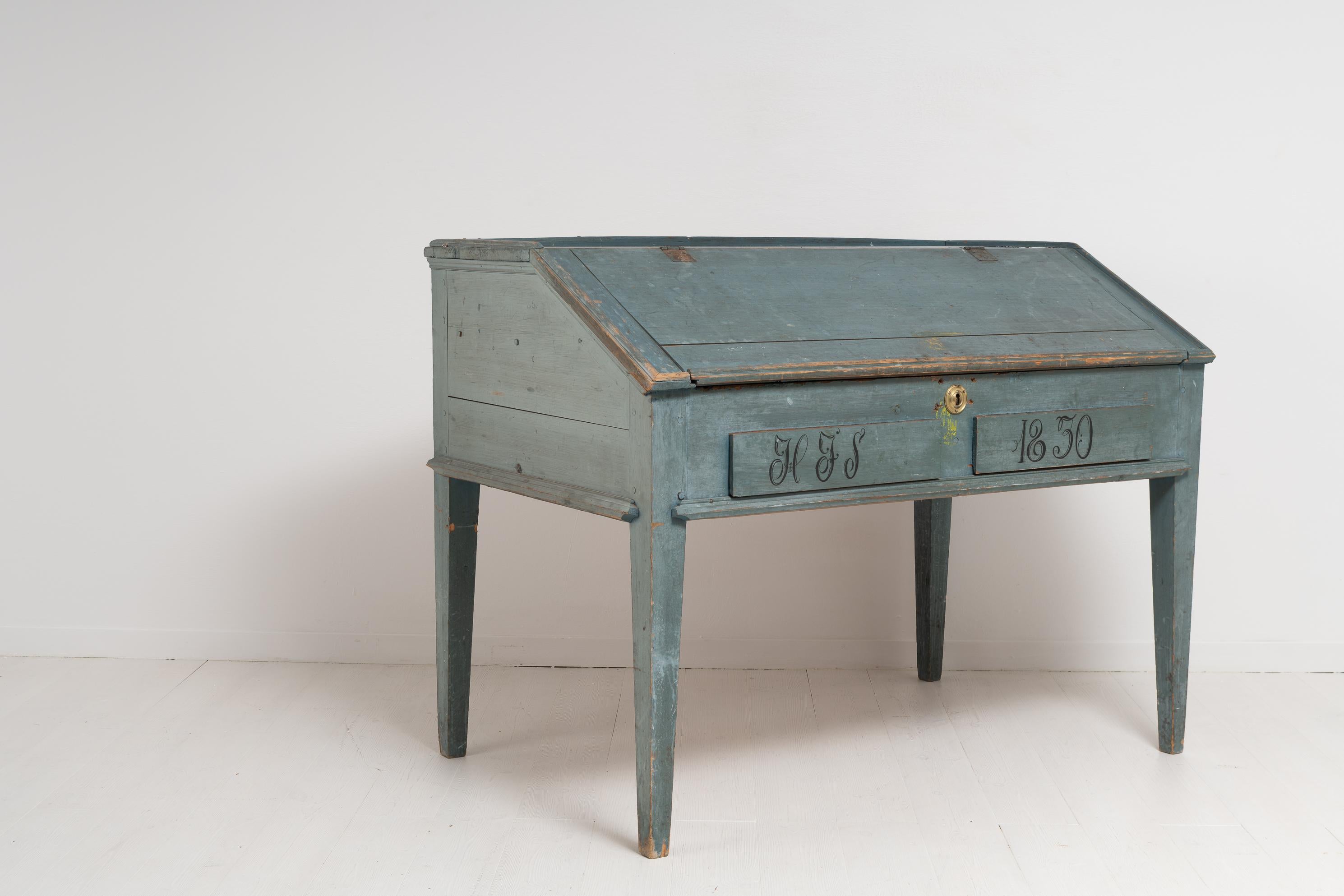 19th Century Antique Genuine Swedish Rustic Original Blue Writing Desk Table with Drawers For Sale