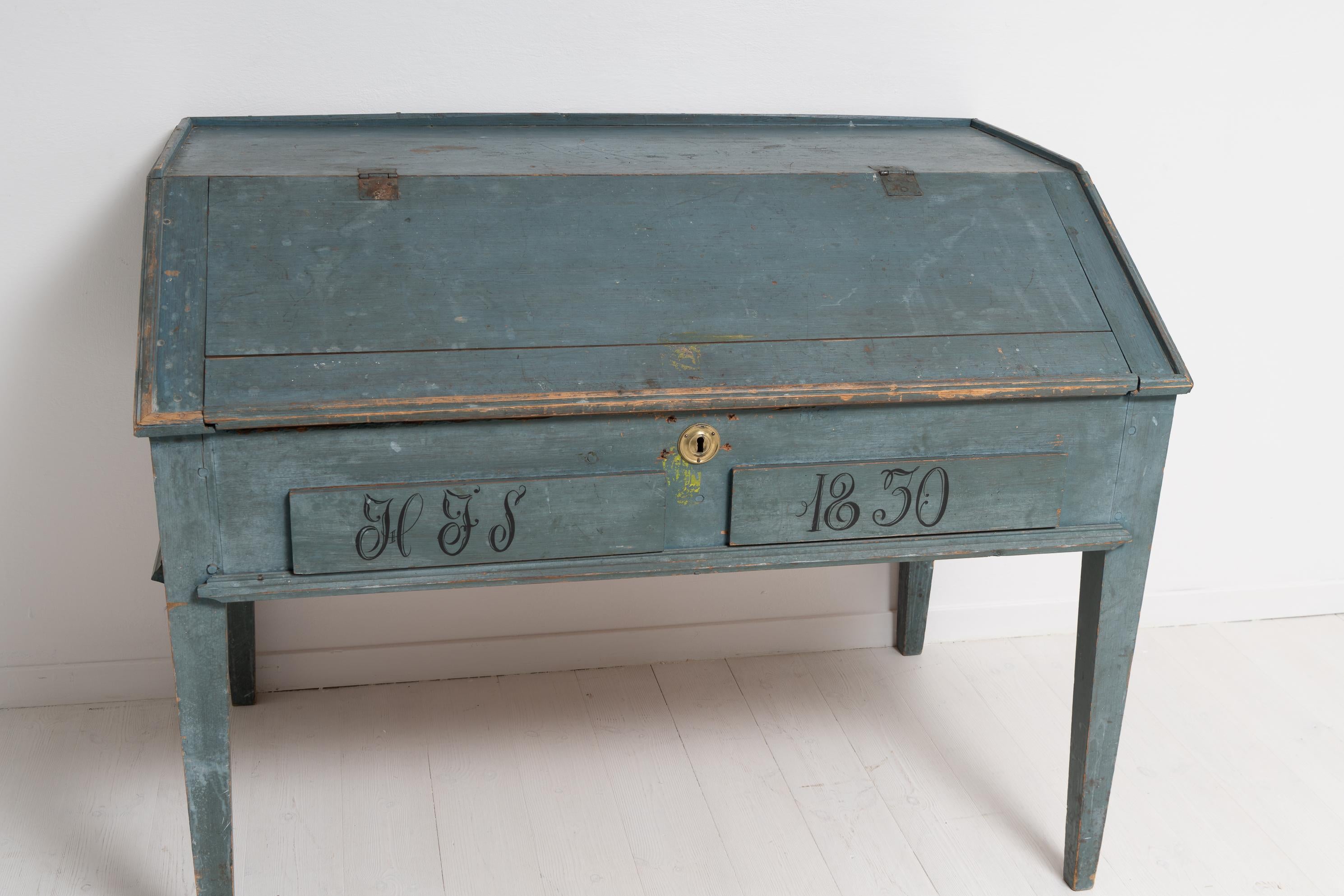 Pine Antique Genuine Swedish Rustic Original Blue Writing Desk Table with Drawers For Sale