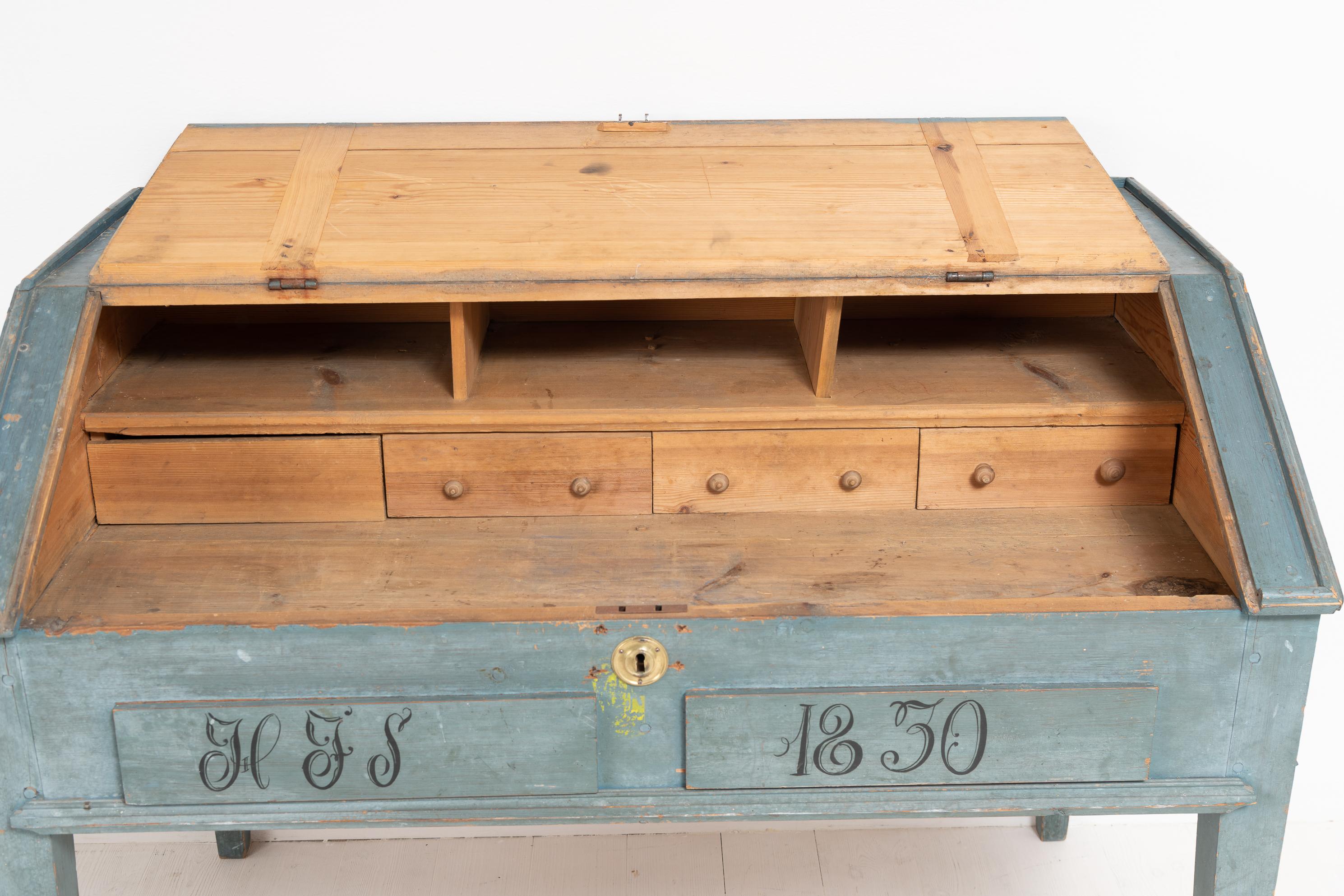 Antique Genuine Swedish Rustic Original Blue Writing Desk Table with Drawers For Sale 1