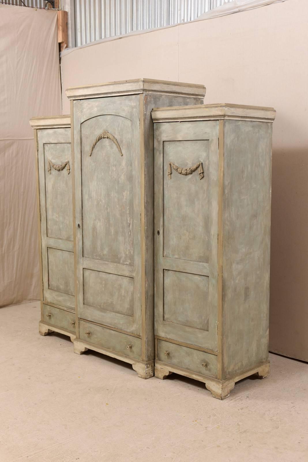19th Century Swedish Breakfront Three-Door Painted Wood Armoire Cabinet In Good Condition In Atlanta, GA