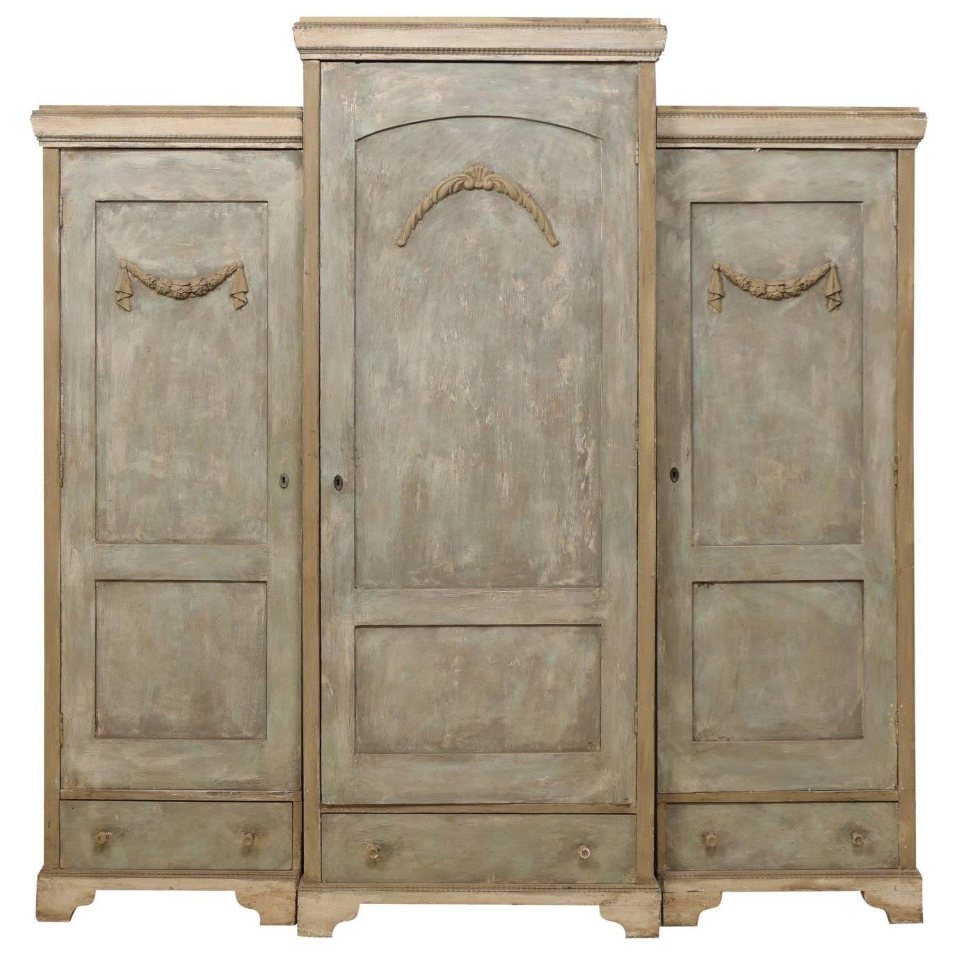 19th Century Swedish Breakfront Three-Door Painted Wood Armoire Cabinet