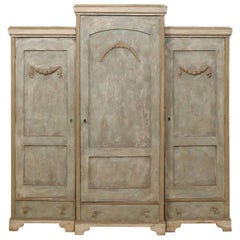 Antique 19th Century Swedish Breakfront Three-Door Painted Wood Armoire Cabinet