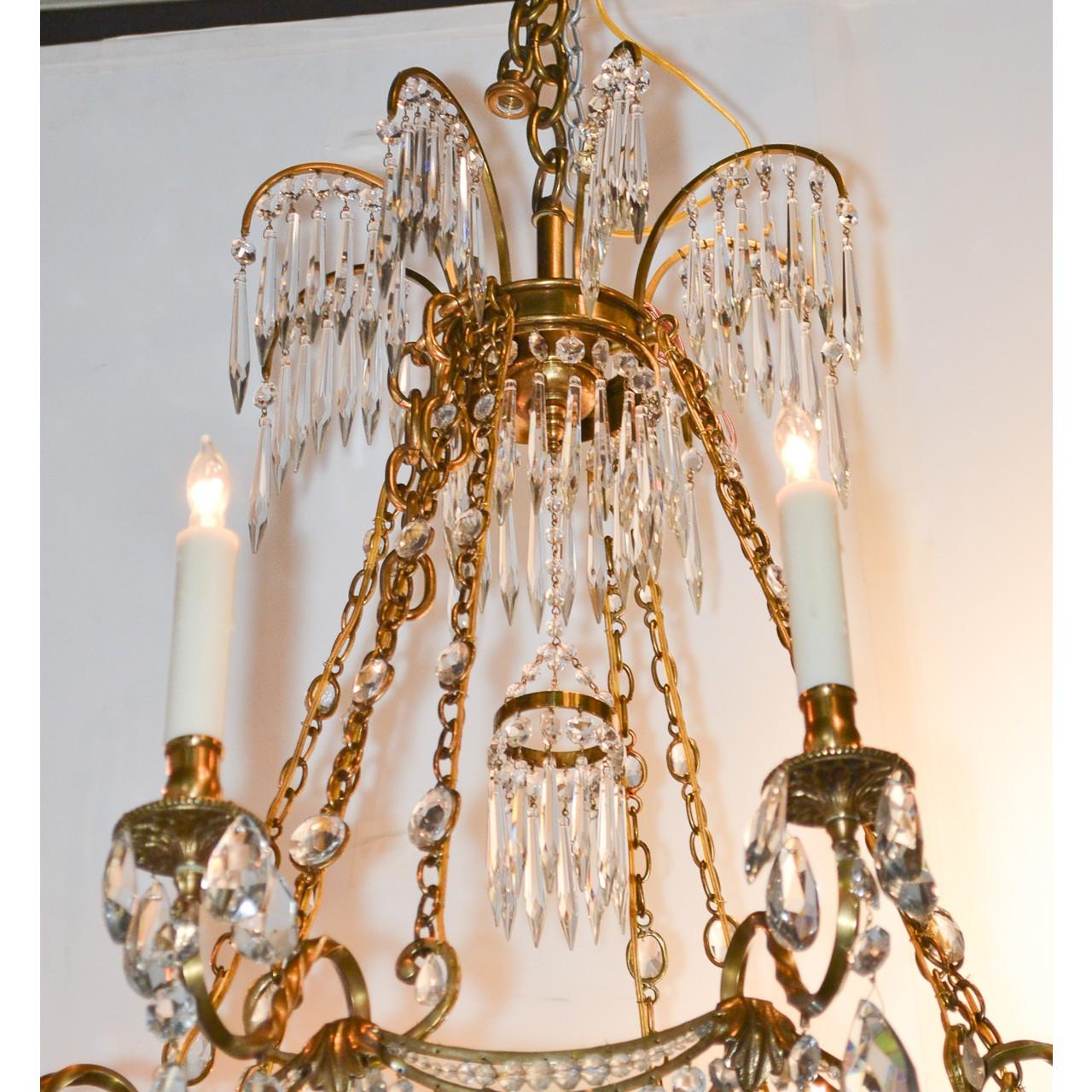 Faceted 19th Century Swedish Bronze and Crystal Chandelier