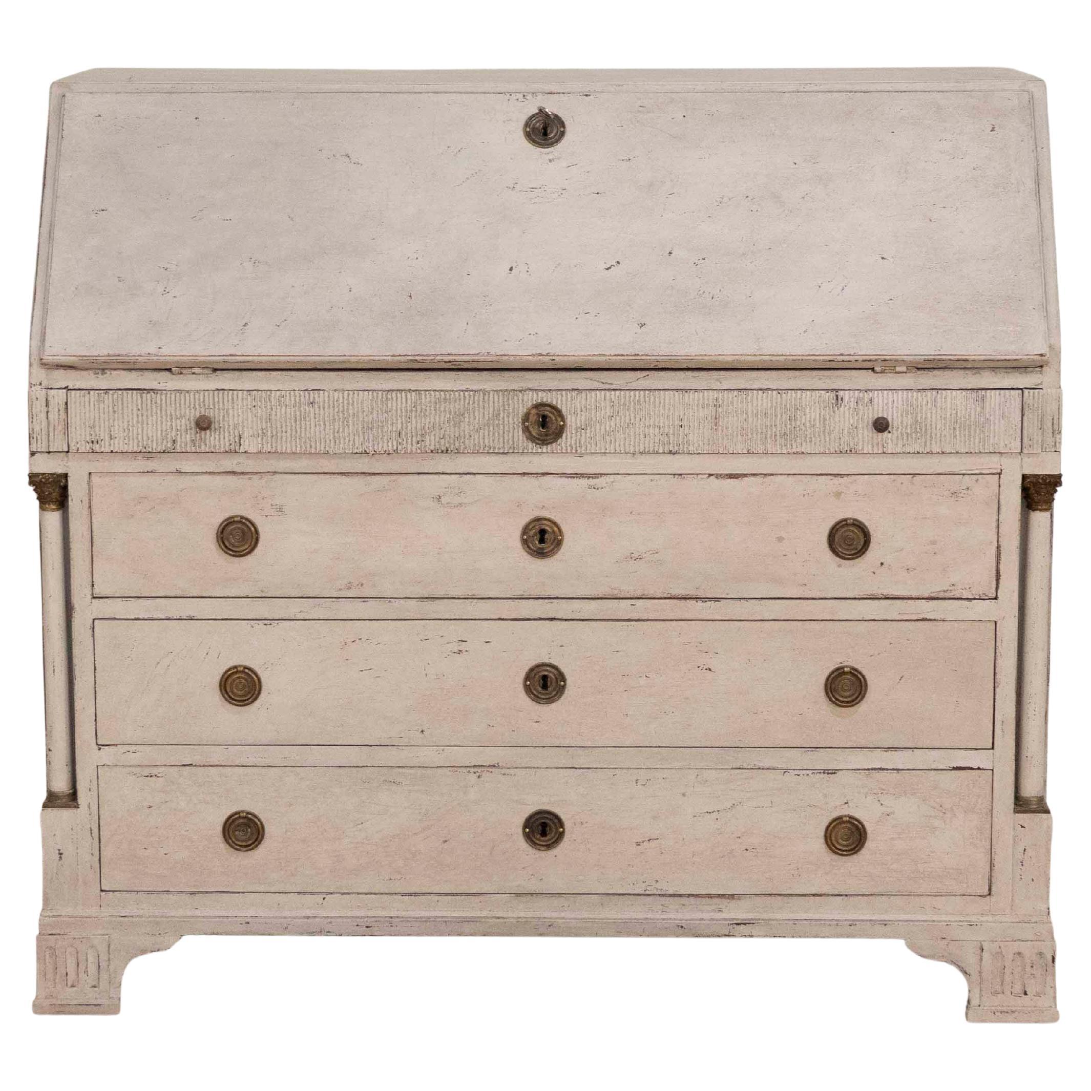 19th-Century Swedish Bureau With Carved Columns And Blue-Painted Interior For Sale