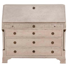 19th-Century Swedish Bureau With Carved Columns And Blue-Painted Interior