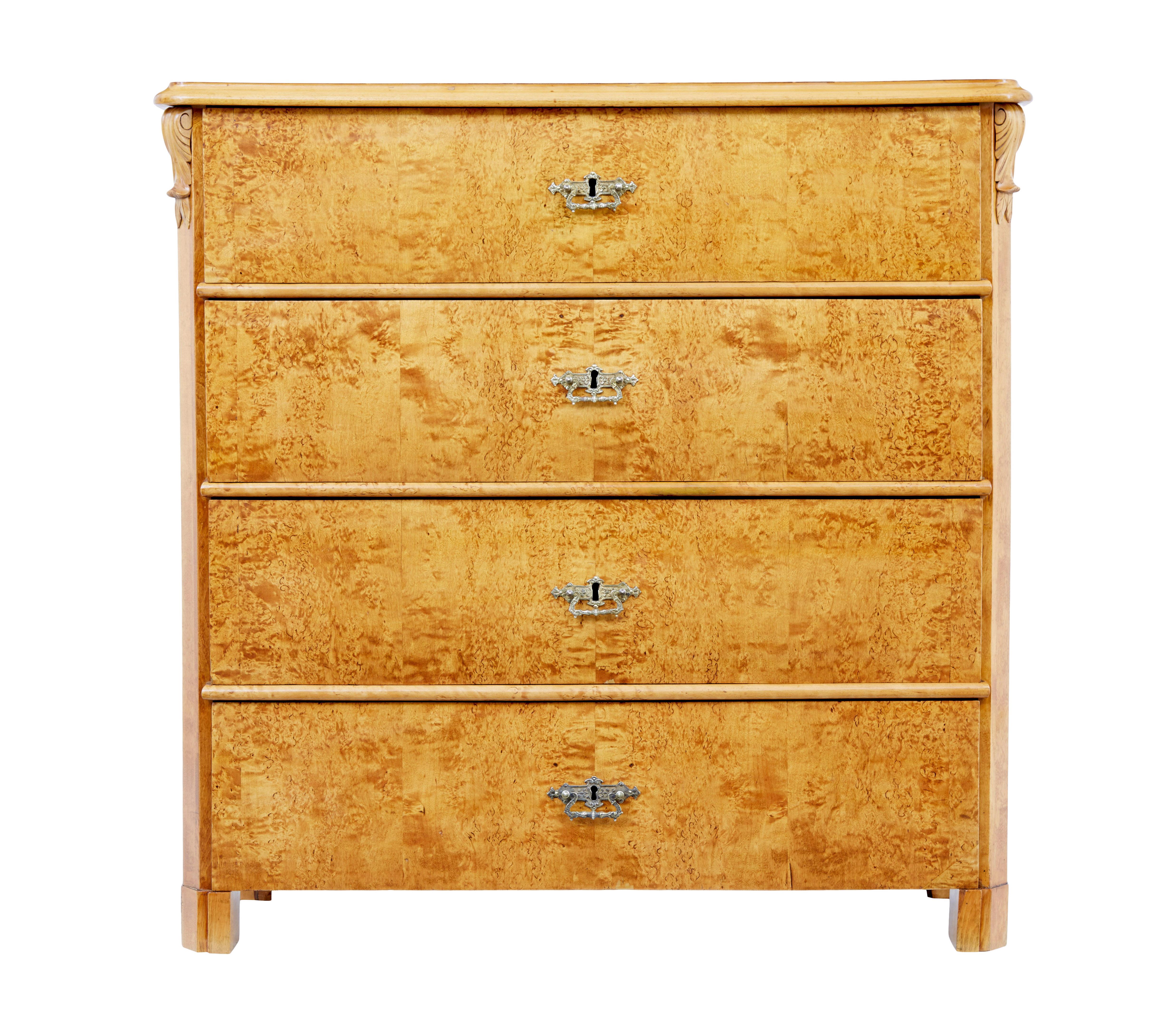 19th century Swedish burr birch chest of drawers circa 1870.

Beautiful quality 4 drawer chest of drawers from Sweden using the timber that is plentiful in their country.

Burr birch top with moulded edging, below which are 4 drawers of equal