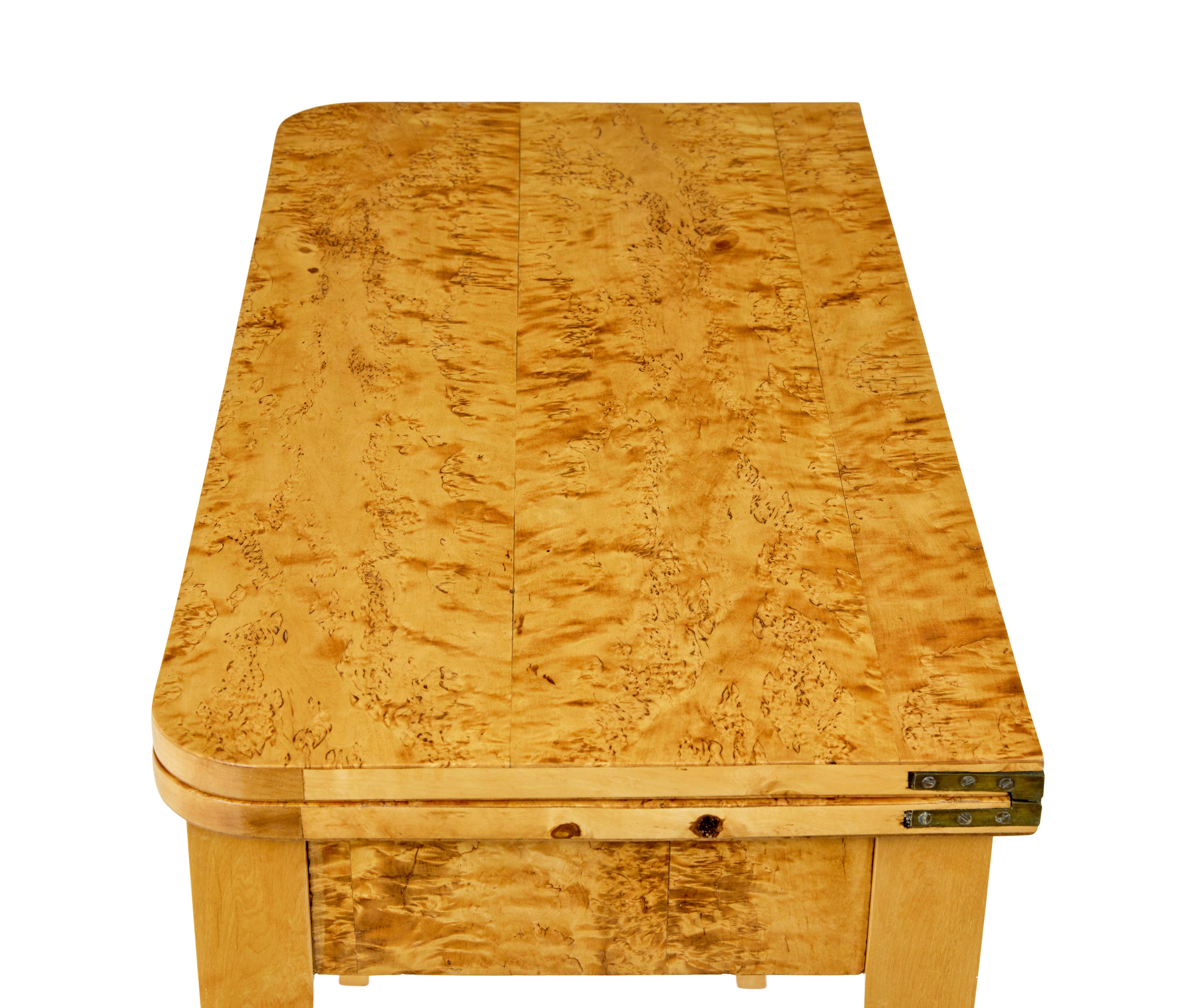 19th century Swedish burr birch tea table circa 1880.

Beautiful quality burr birch occasional table, made to showcase the stunning grain on all surfaces.

D end shaped top, which rotates to reveal a storage well and hinges for it to open out to