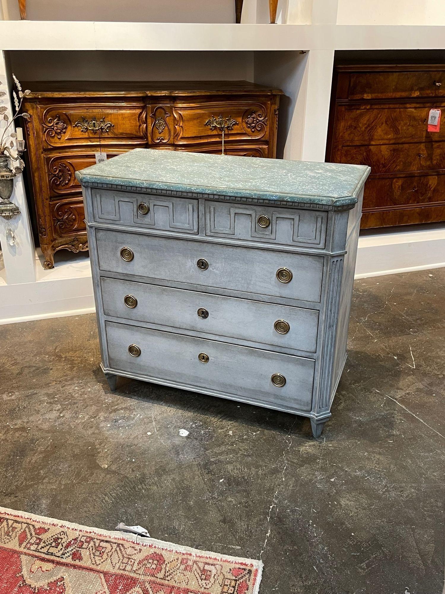 Lovely 19th century Swedish carved and painted chest with Greek Key pattern. Featuring a beautiful patina including a green painted top and 4 drawers for storage. So pretty!!