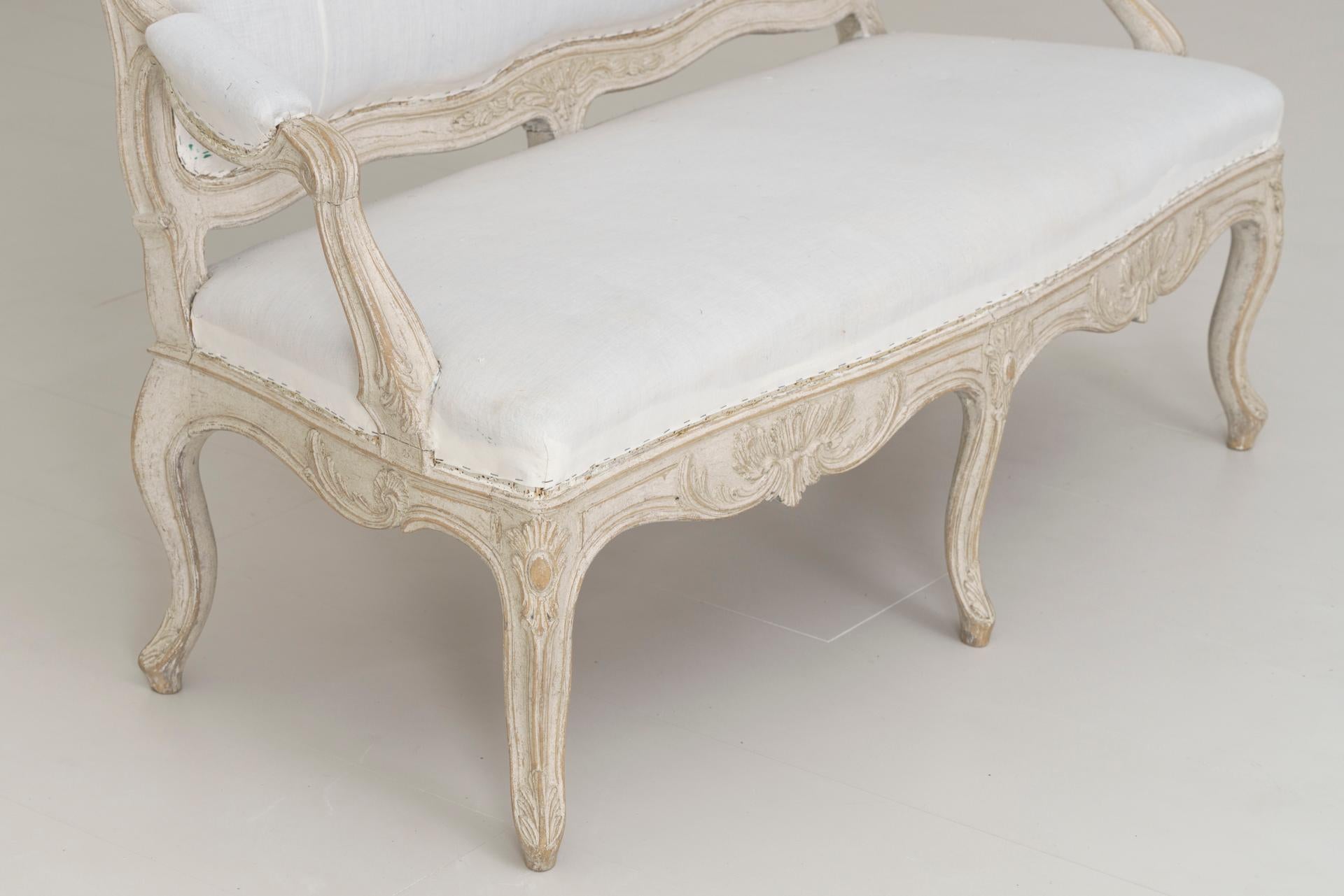 19th Century Swedish Carved and Painted Settee in the Rococo Style 7