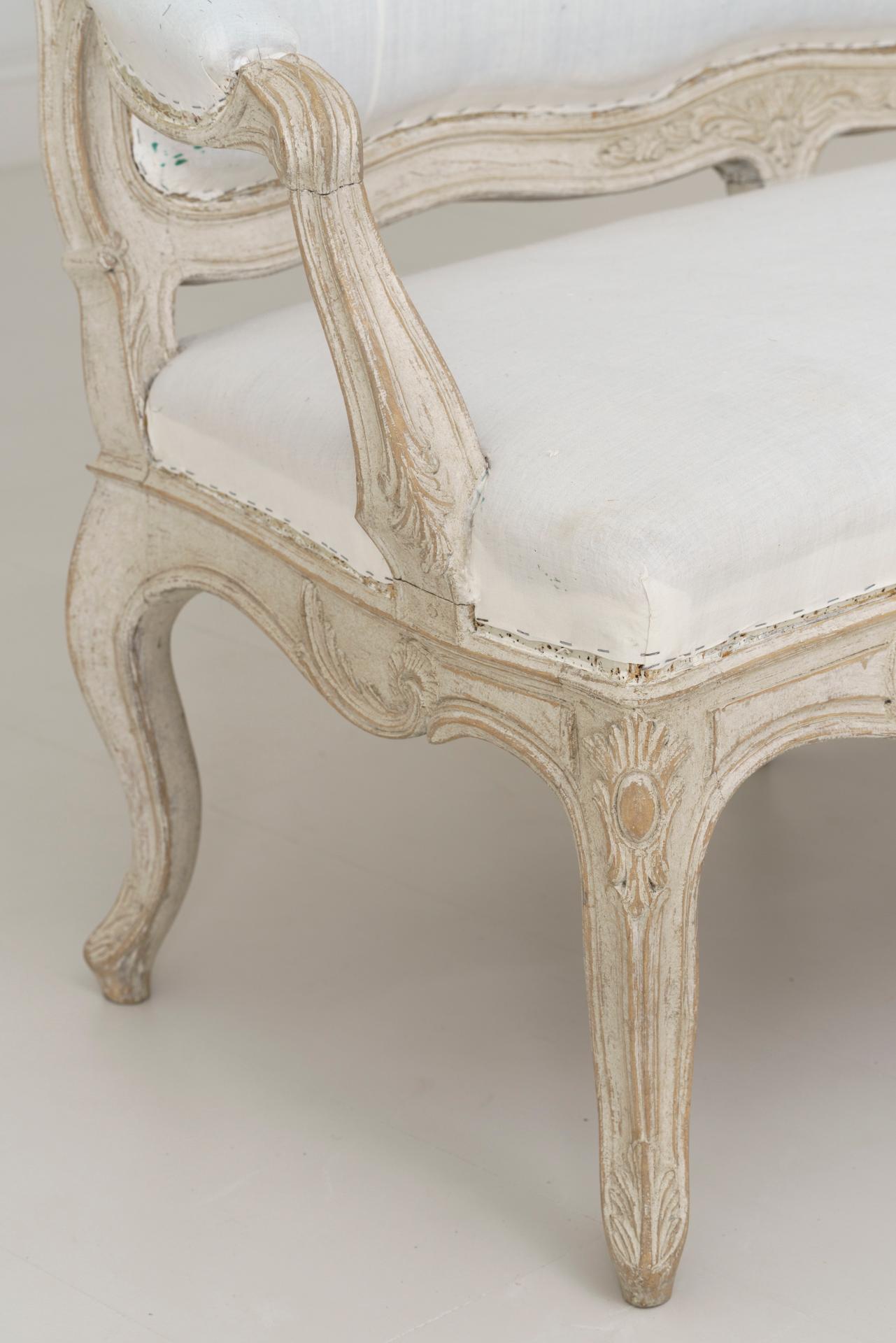19th Century Swedish Carved and Painted Settee in the Rococo Style 8