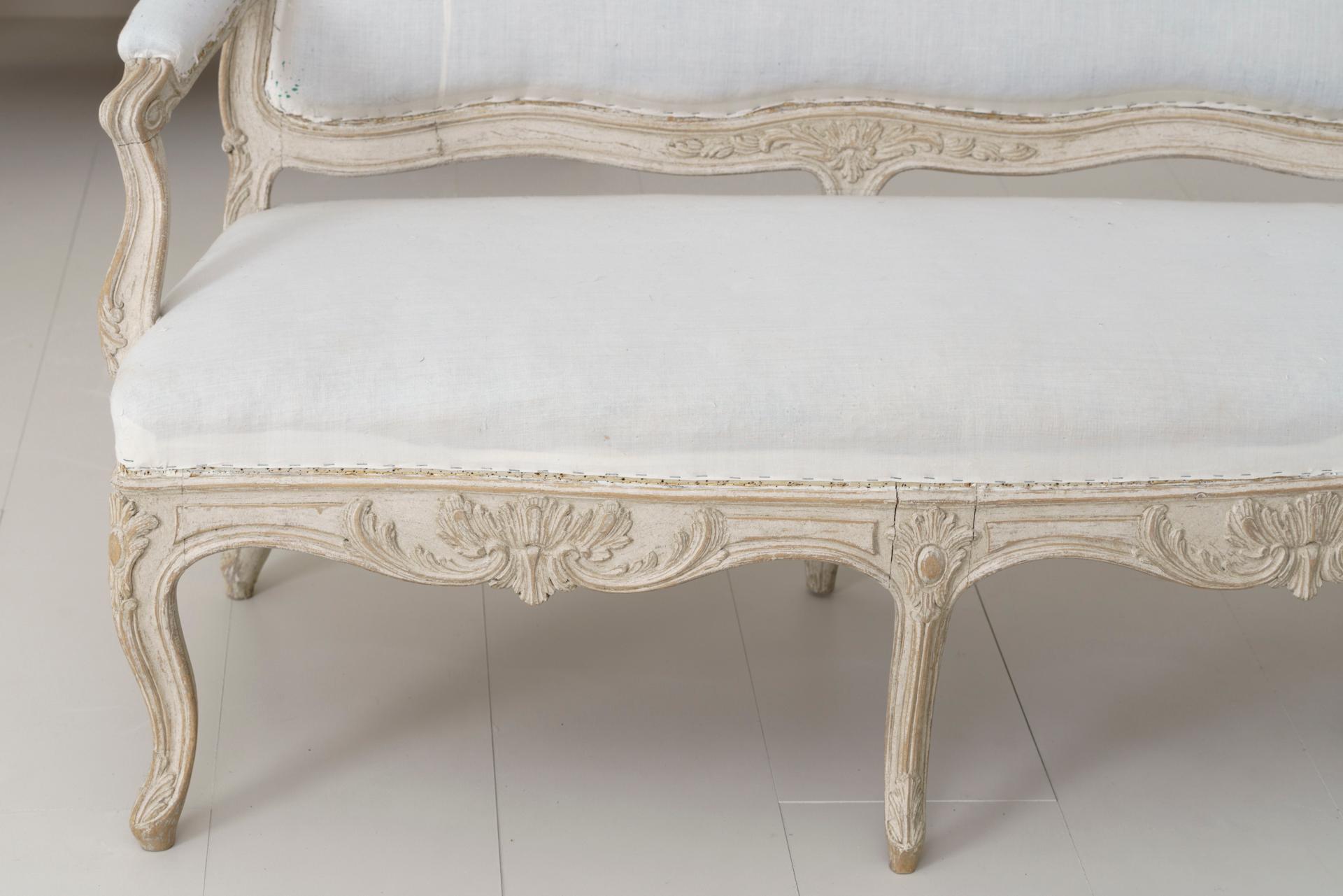 19th Century Swedish Carved and Painted Settee in the Rococo Style 11
