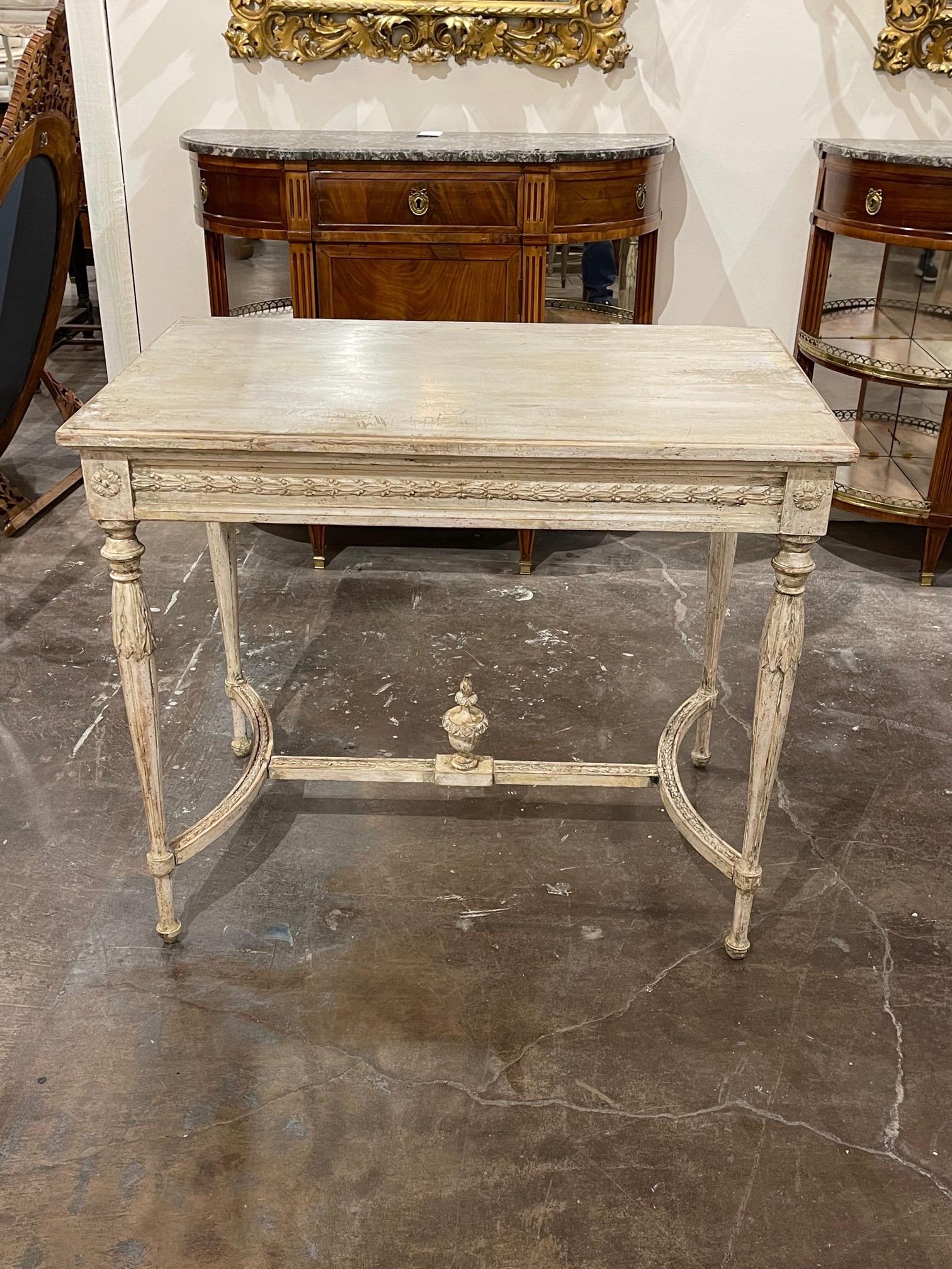 Lovely 19th century Swedish side table. This piece has nice carvings on the top and base. A beautiful patina as well. A great addition for a variety of decors!
