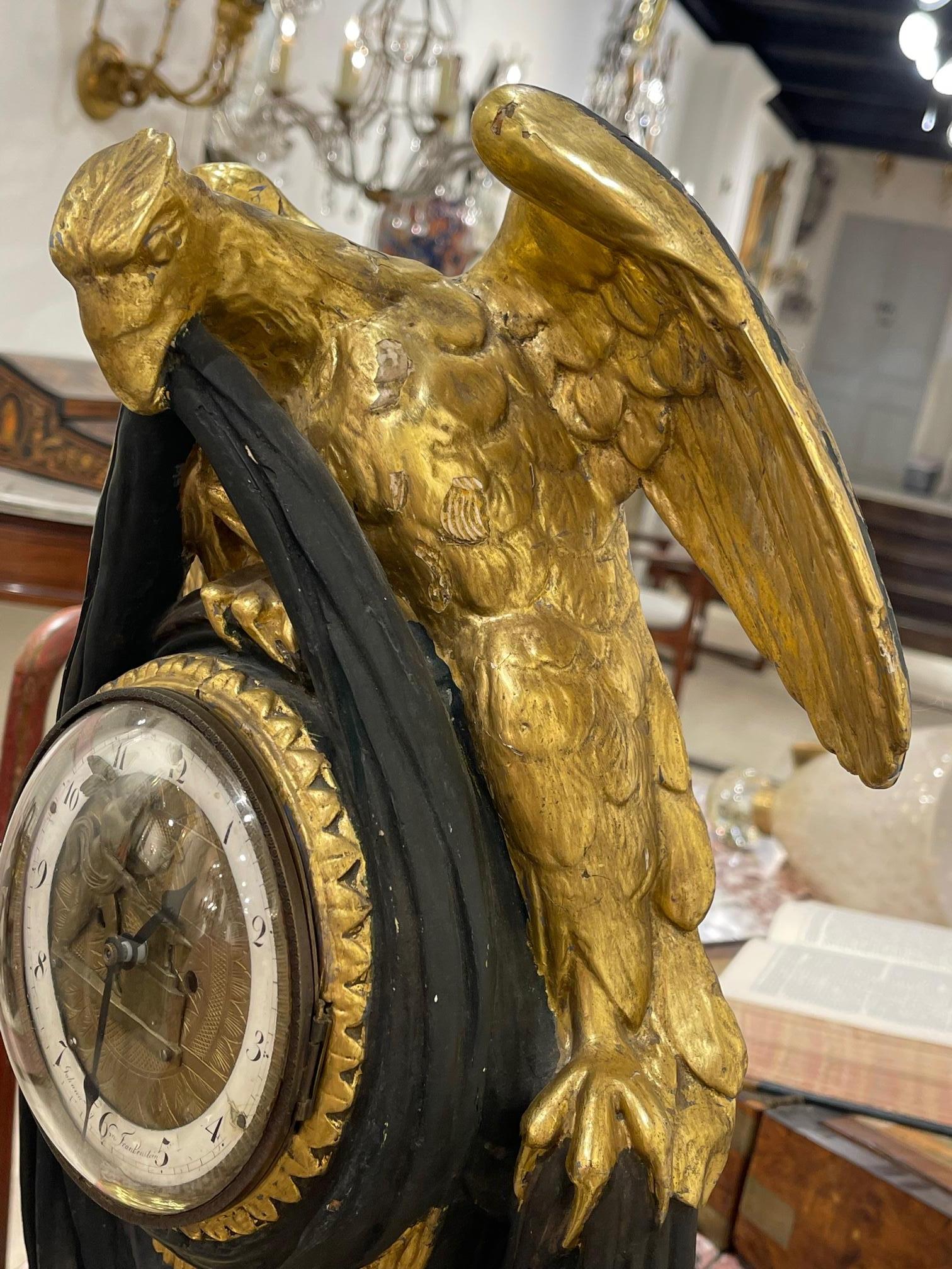 Metal 19th Century Swedish Carved and Parcel Gilt Eagle Form Mantel Clock For Sale