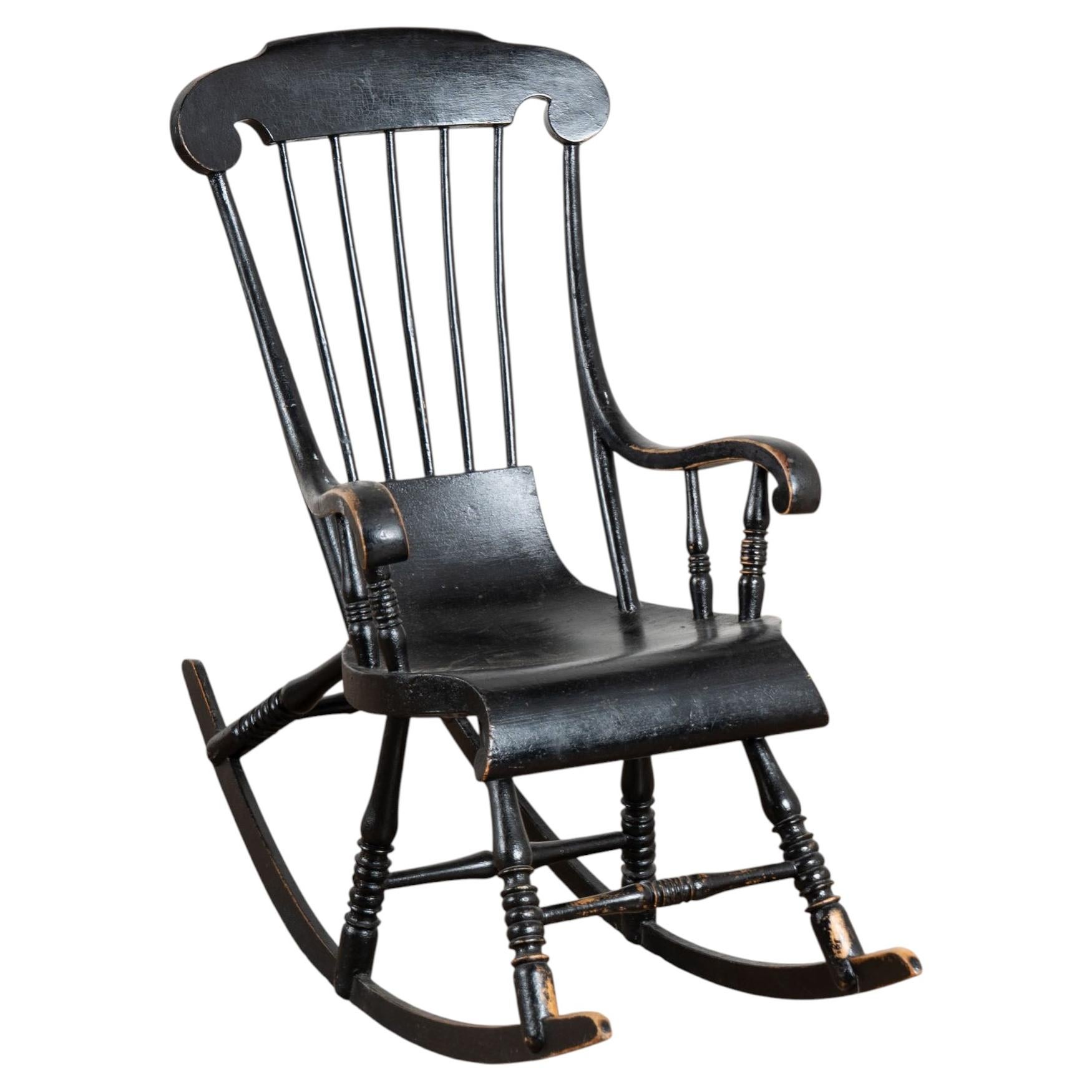 19th Century Swedish Child’s Black Rocking Chair For Sale