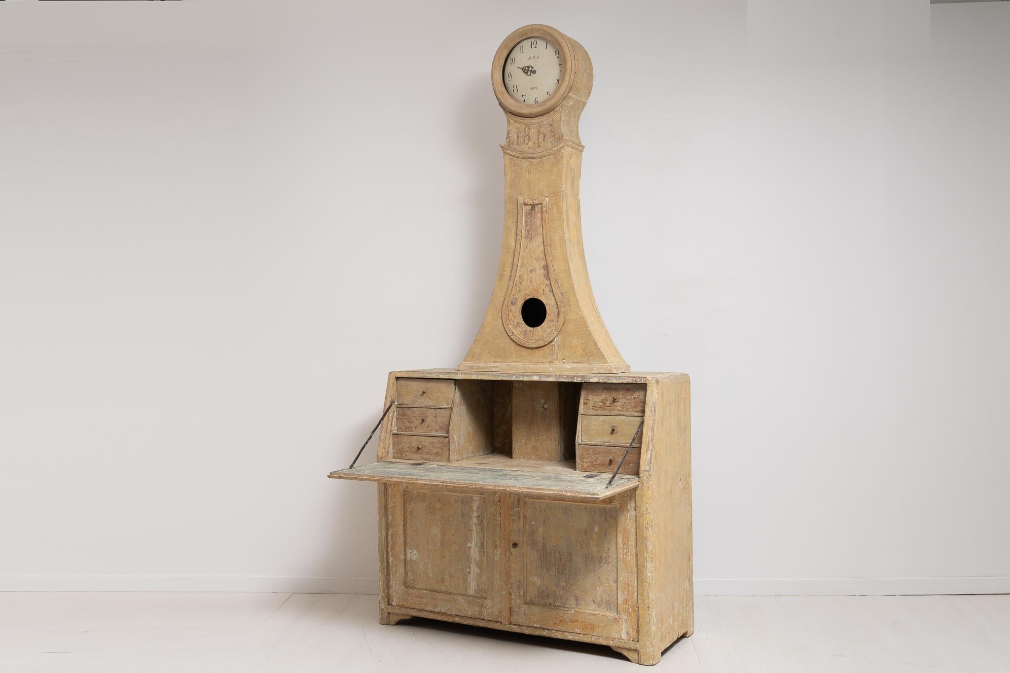 Hand-Crafted 19th Century Swedish Country Pine Bureau Clock Cabinet