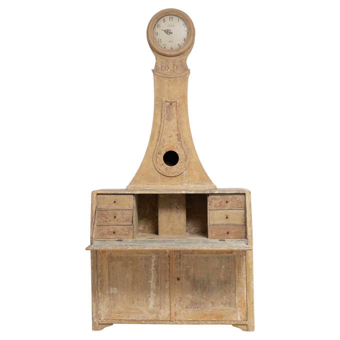 19th Century Swedish Country Pine Bureau Clock Cabinet For Sale